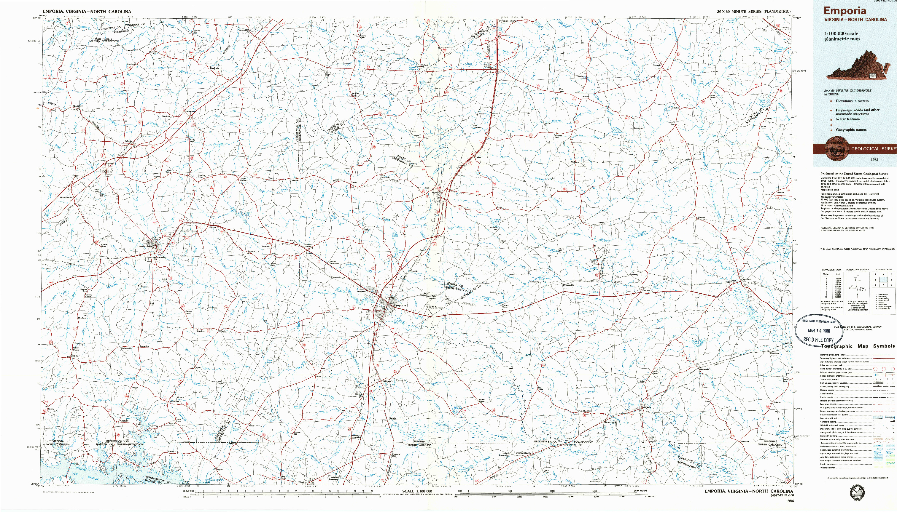 USGS 1:100000-SCALE QUADRANGLE FOR EMPORIA, VA 1984