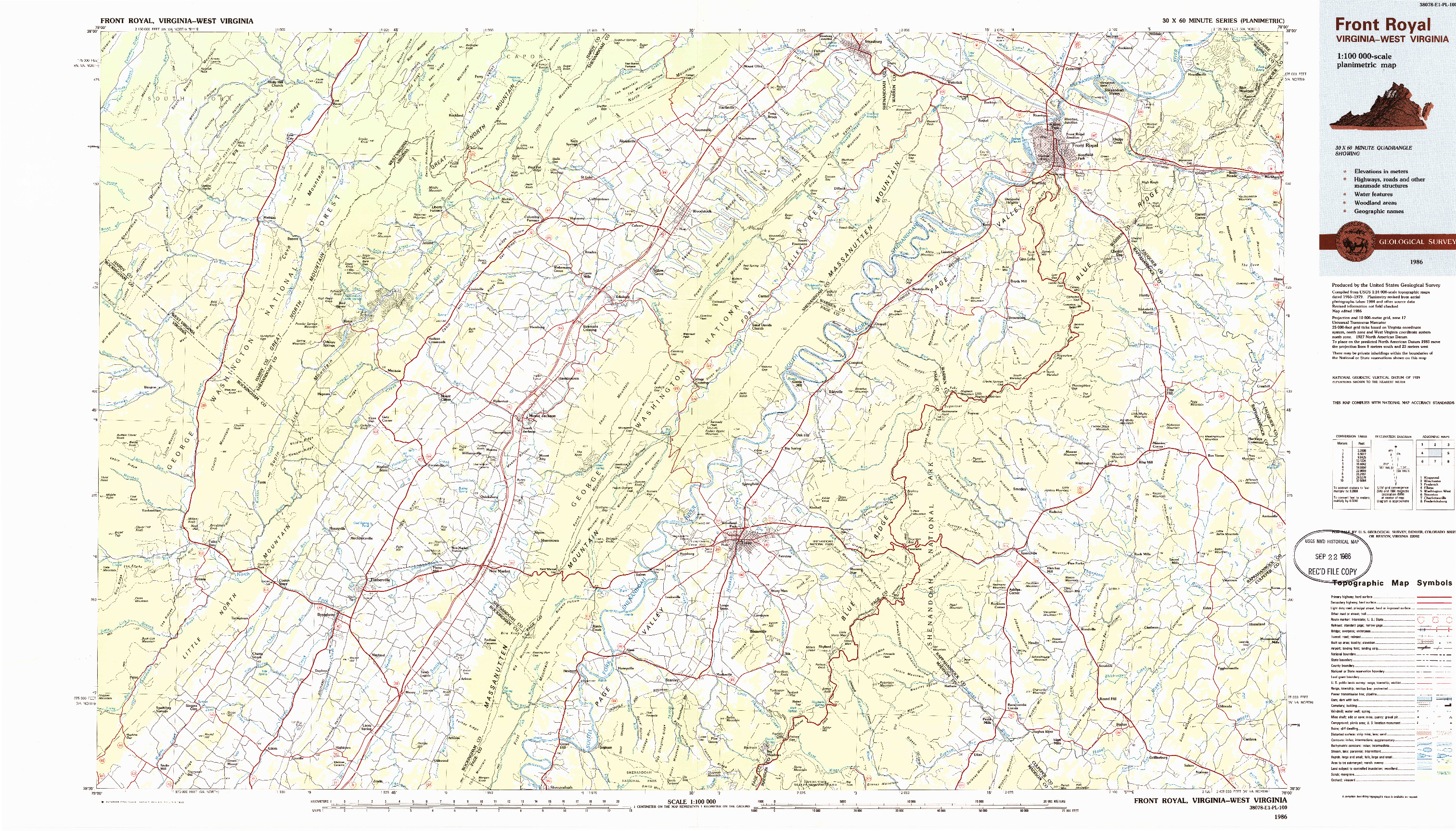 USGS 1:100000-SCALE QUADRANGLE FOR FRONT ROYAL, VA 1986