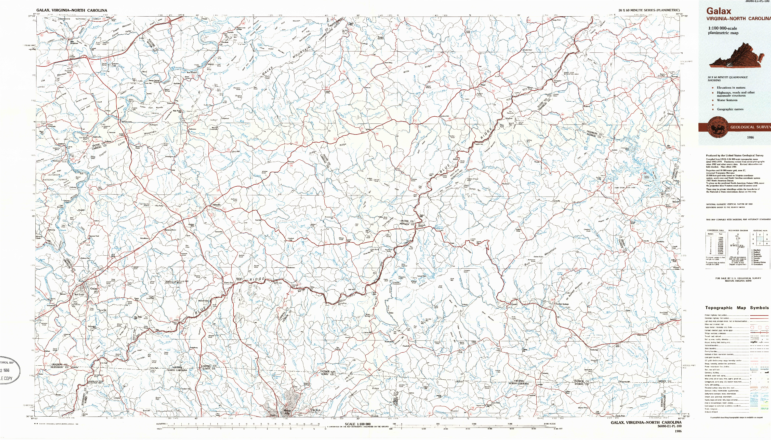 USGS 1:100000-SCALE QUADRANGLE FOR GALAX, VA 1986