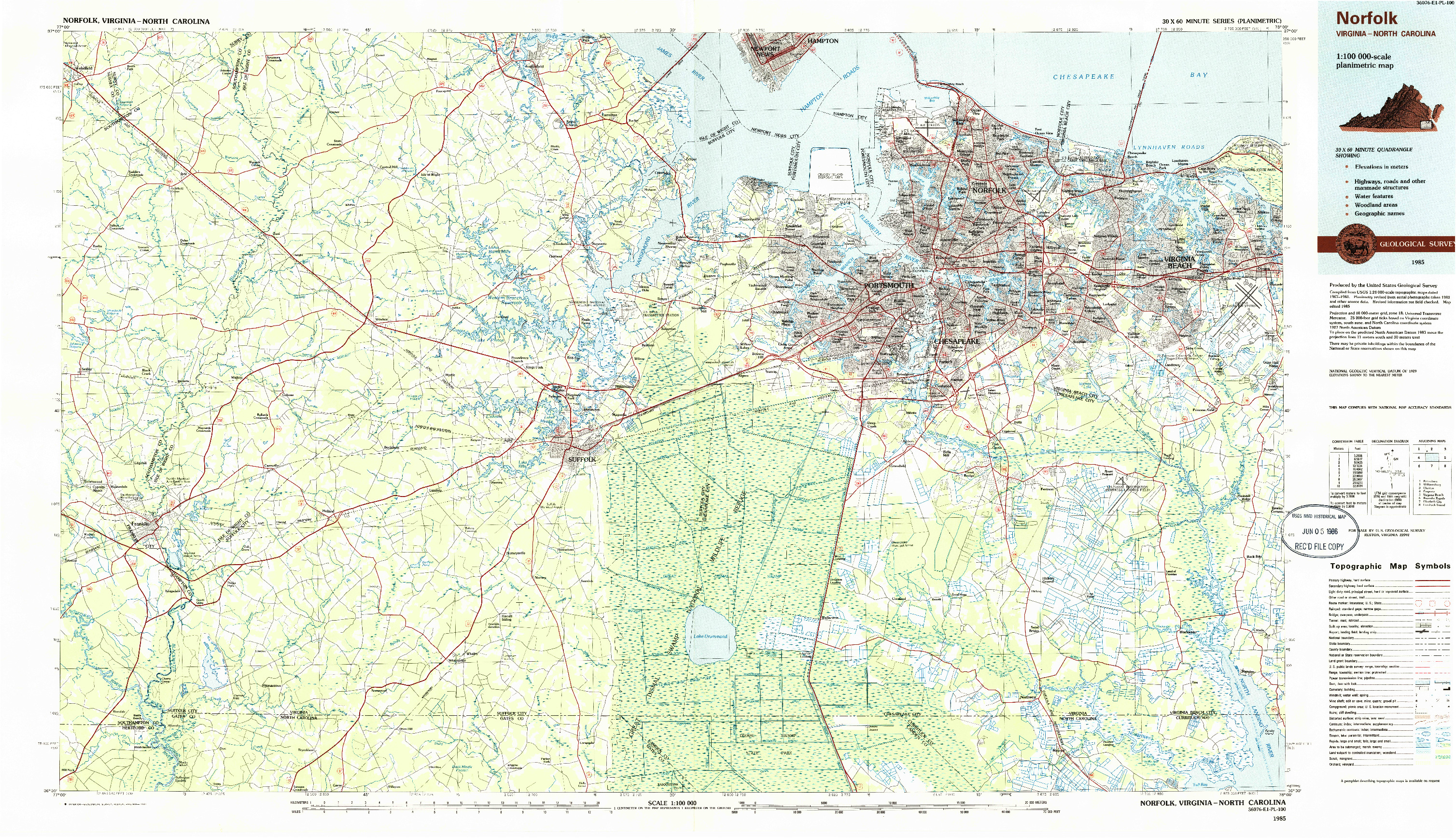 USGS 1:100000-SCALE QUADRANGLE FOR NORFOLK, VA 1985