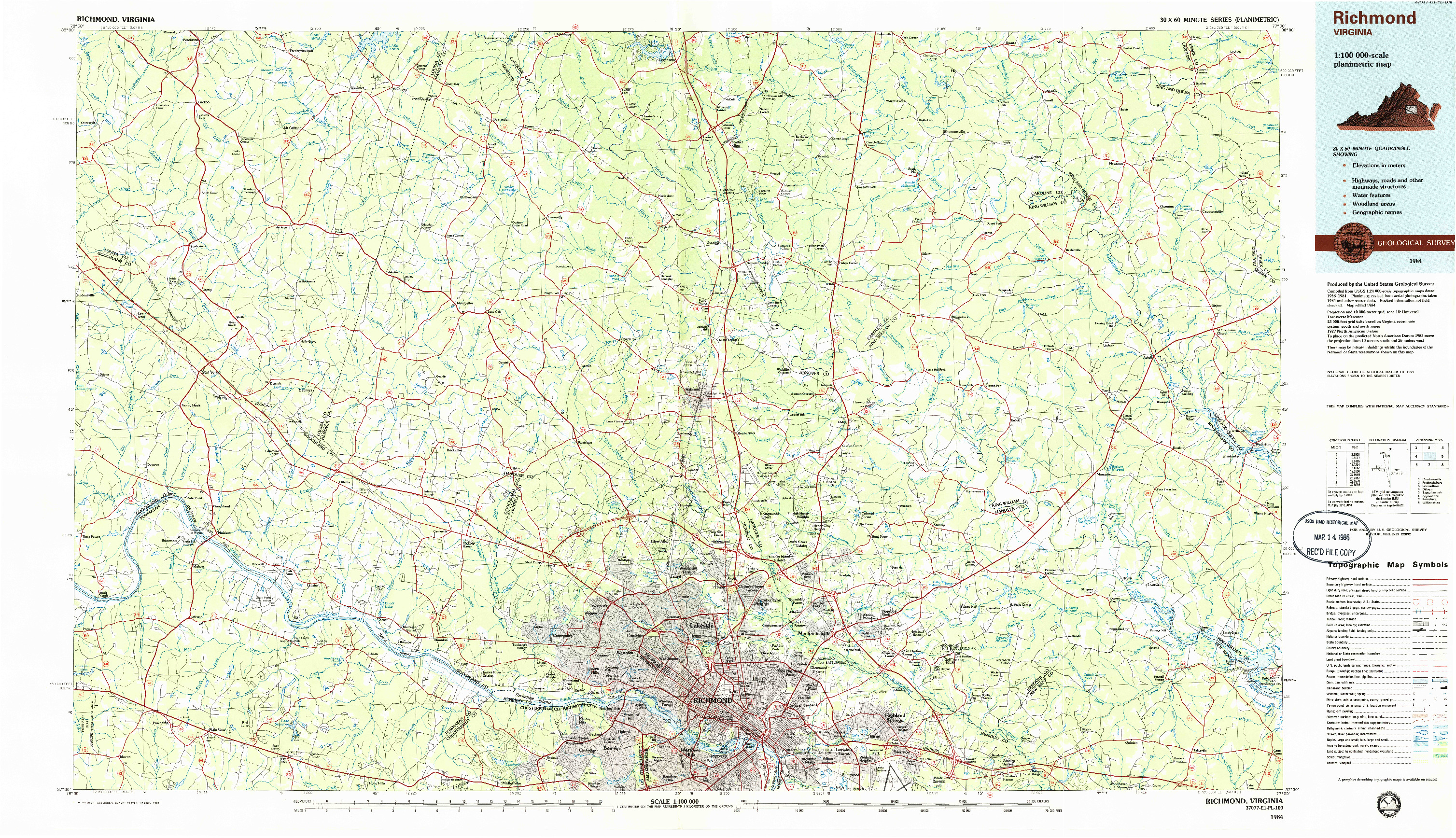 USGS 1:100000-SCALE QUADRANGLE FOR RICHMOND, VA 1984