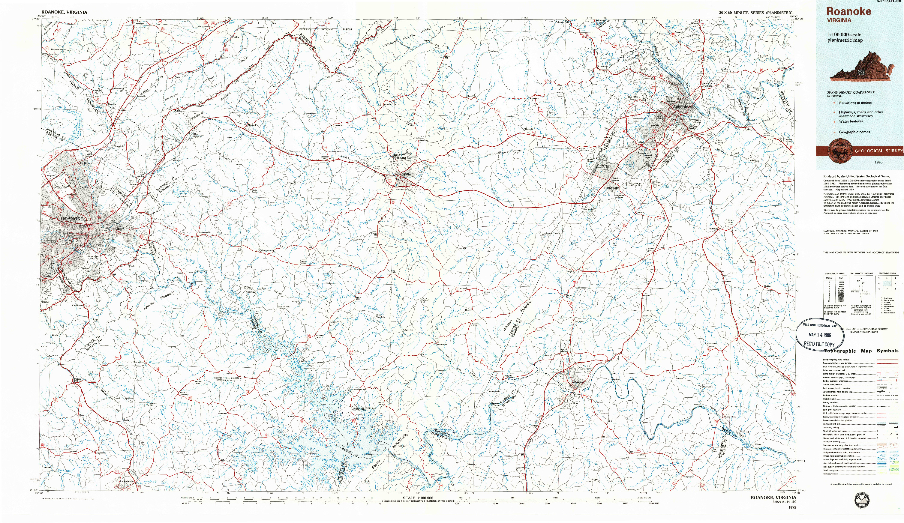 USGS 1:100000-SCALE QUADRANGLE FOR ROANOKE, VA 1985
