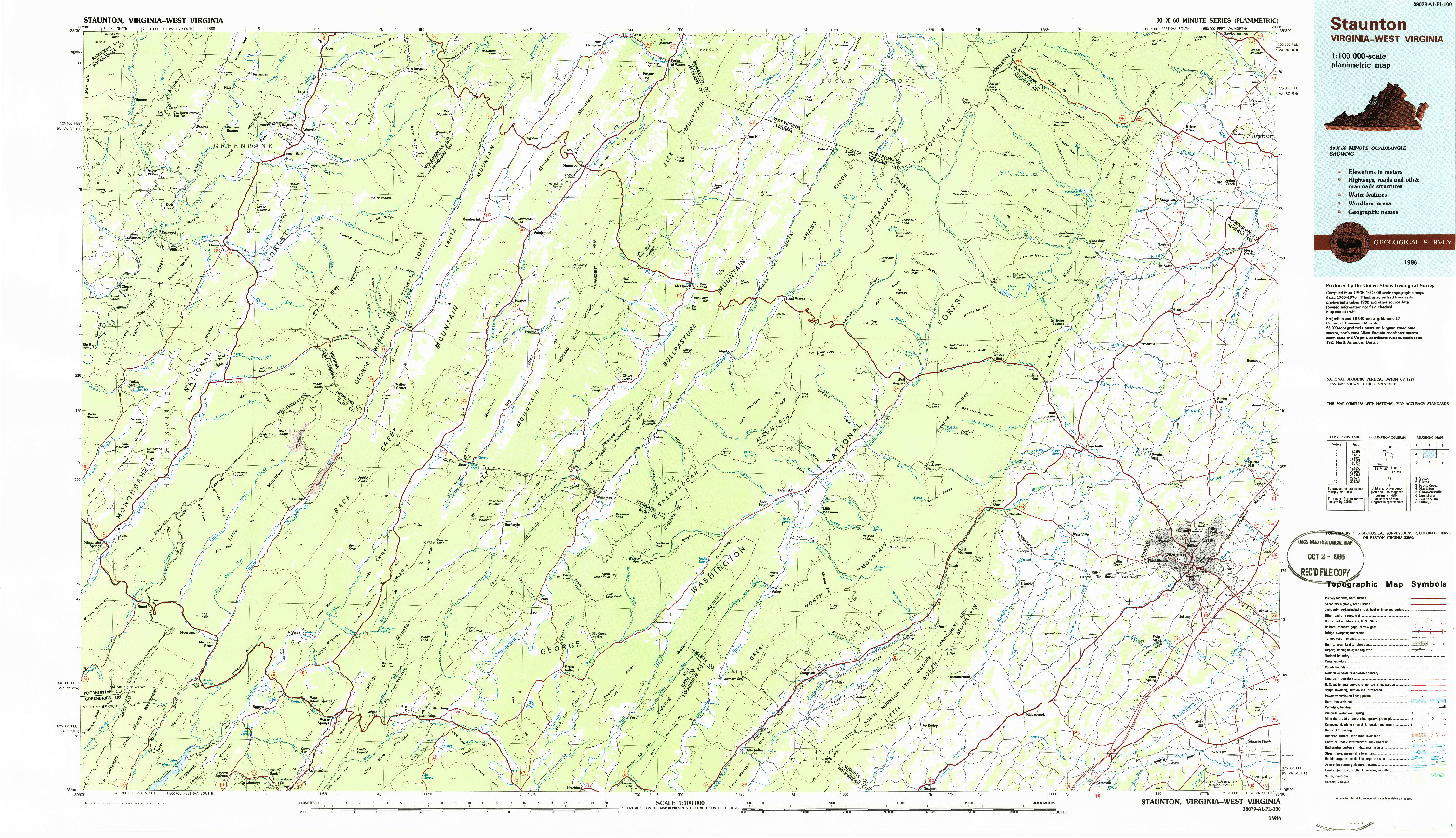 USGS 1:100000-SCALE QUADRANGLE FOR STAUNTON, VA 1986