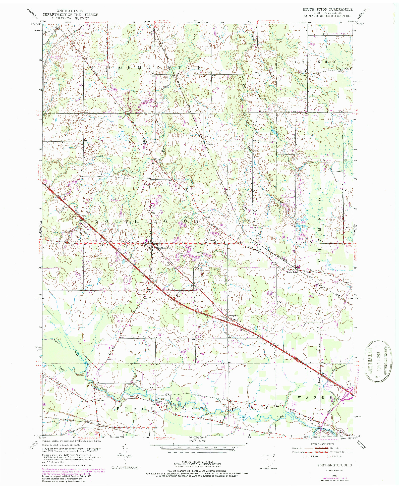 USGS 1:24000-SCALE QUADRANGLE FOR SOUTHINGTON, OH 1952