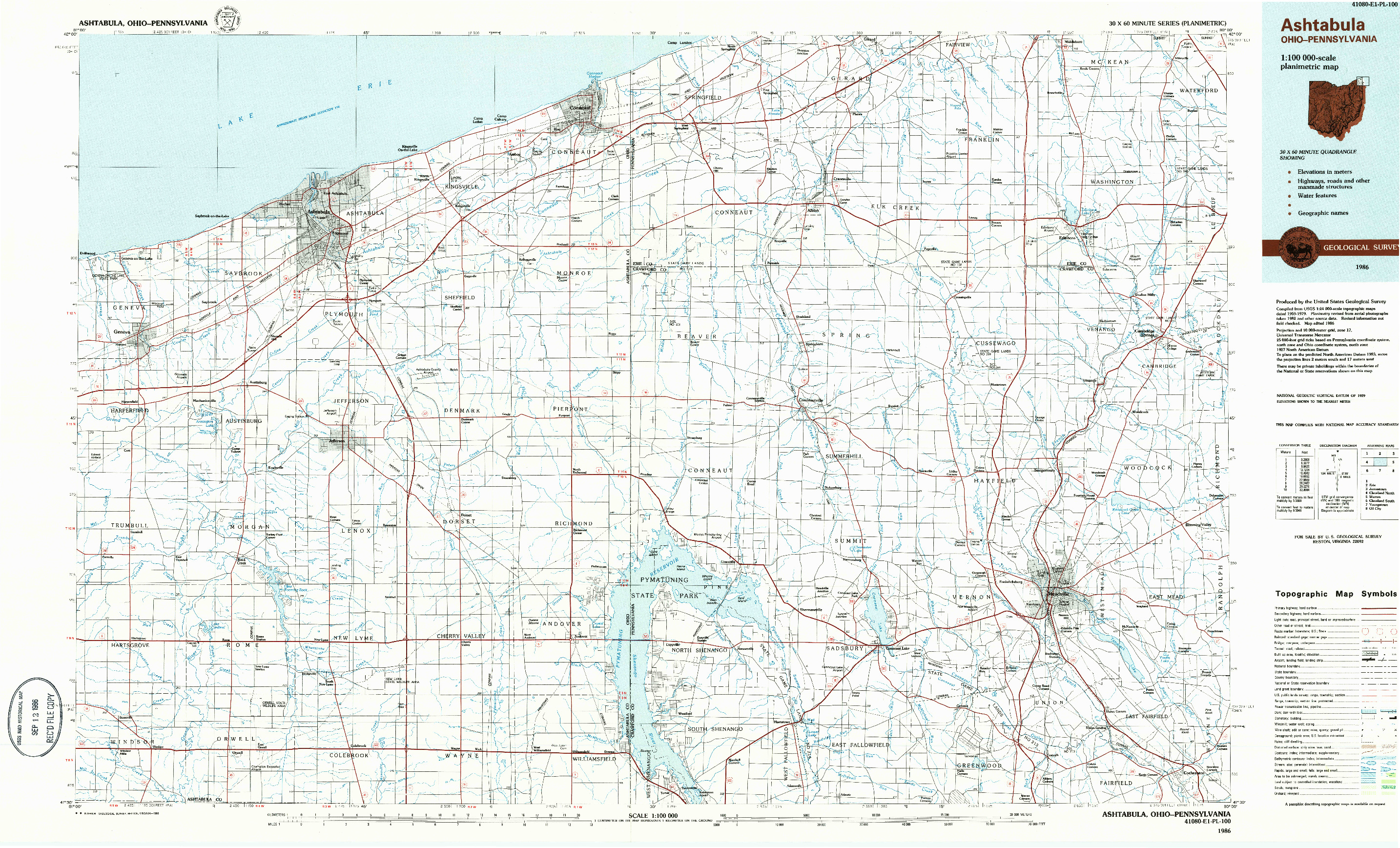 USGS 1:100000-SCALE QUADRANGLE FOR ASHTABULA, OH 1986