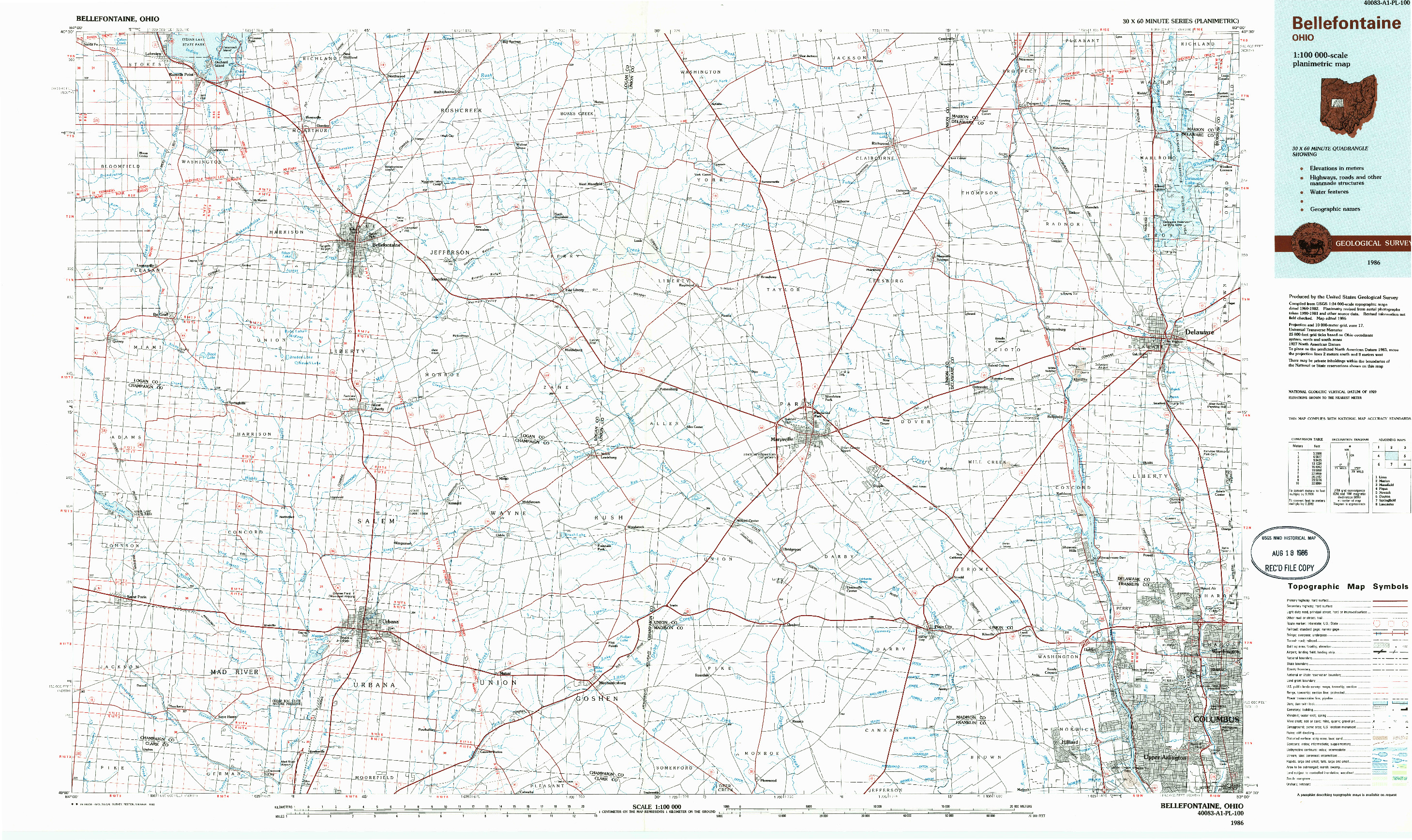 USGS 1:100000-SCALE QUADRANGLE FOR BELLEFONTAINE, OH 1986