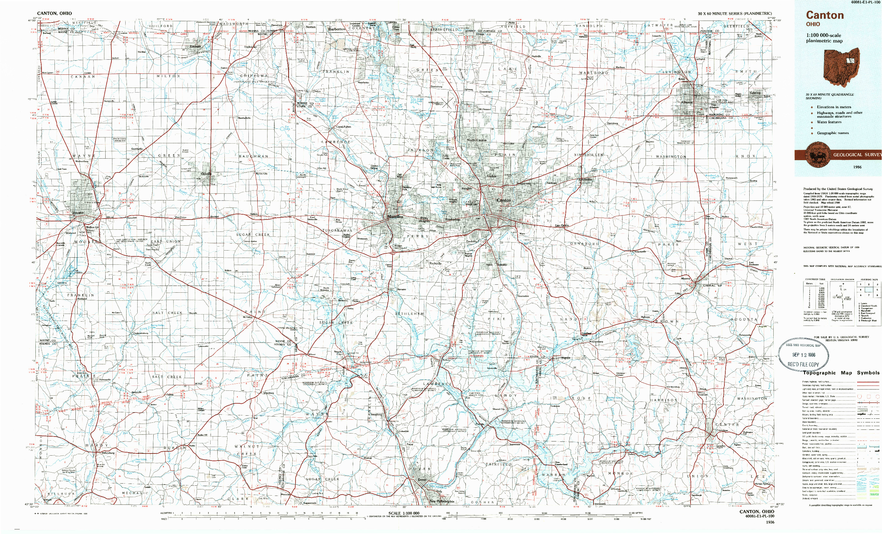 USGS 1:100000-SCALE QUADRANGLE FOR CANTON, OH 1986