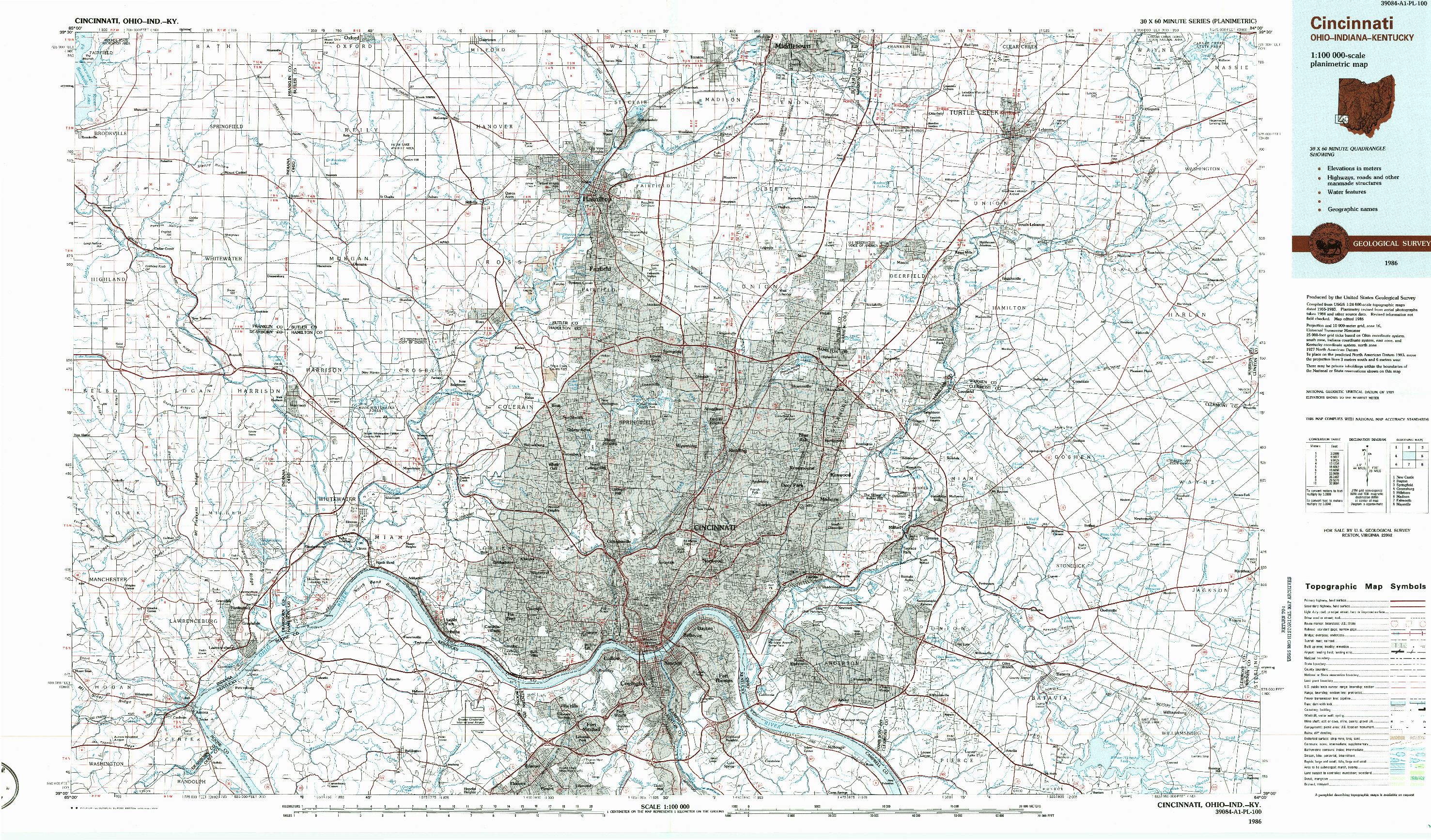 USGS 1:100000-SCALE QUADRANGLE FOR CINCINNATI, OH 1986