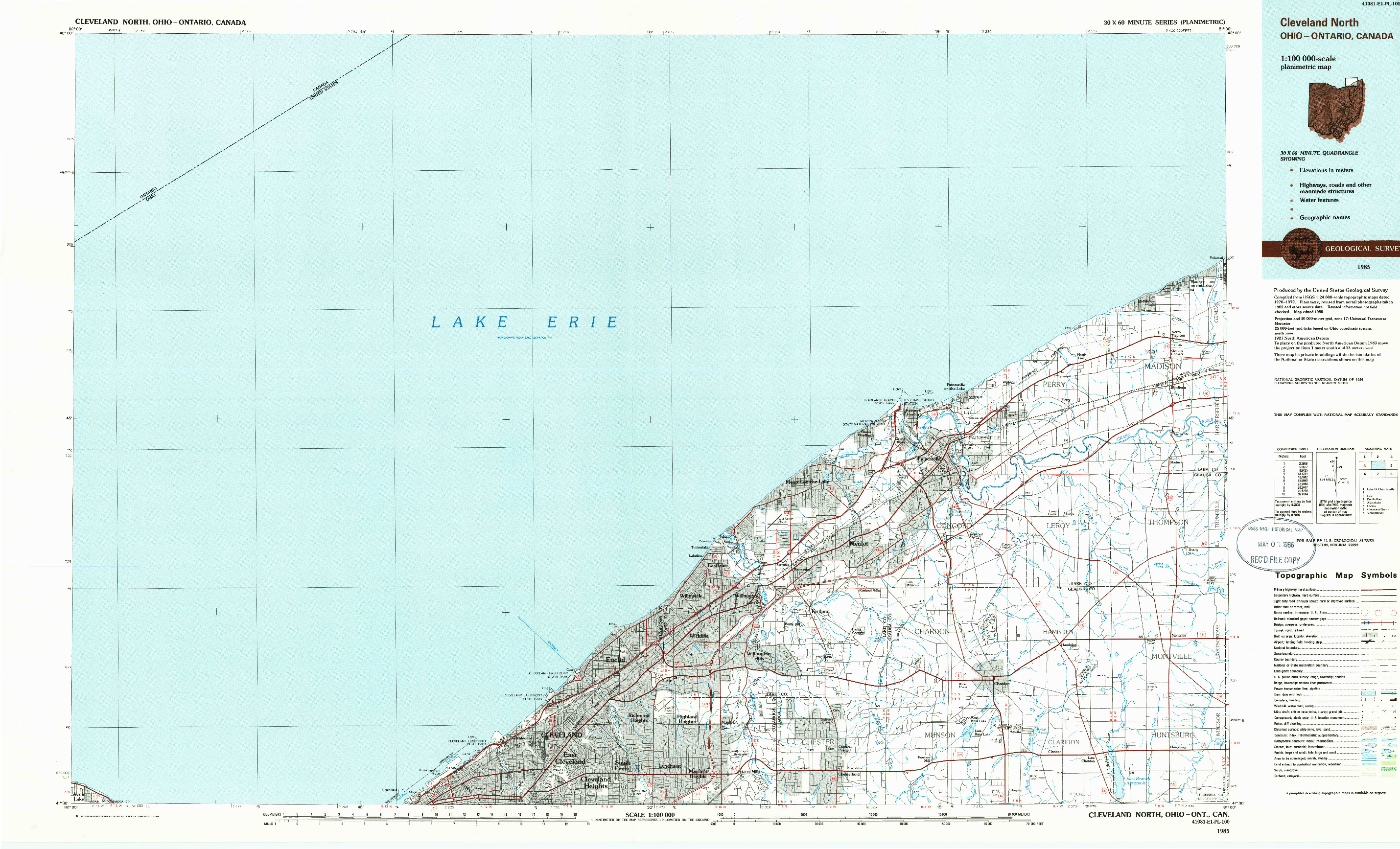 USGS 1:100000-SCALE QUADRANGLE FOR CLEVELAND NORTH, OH 1985