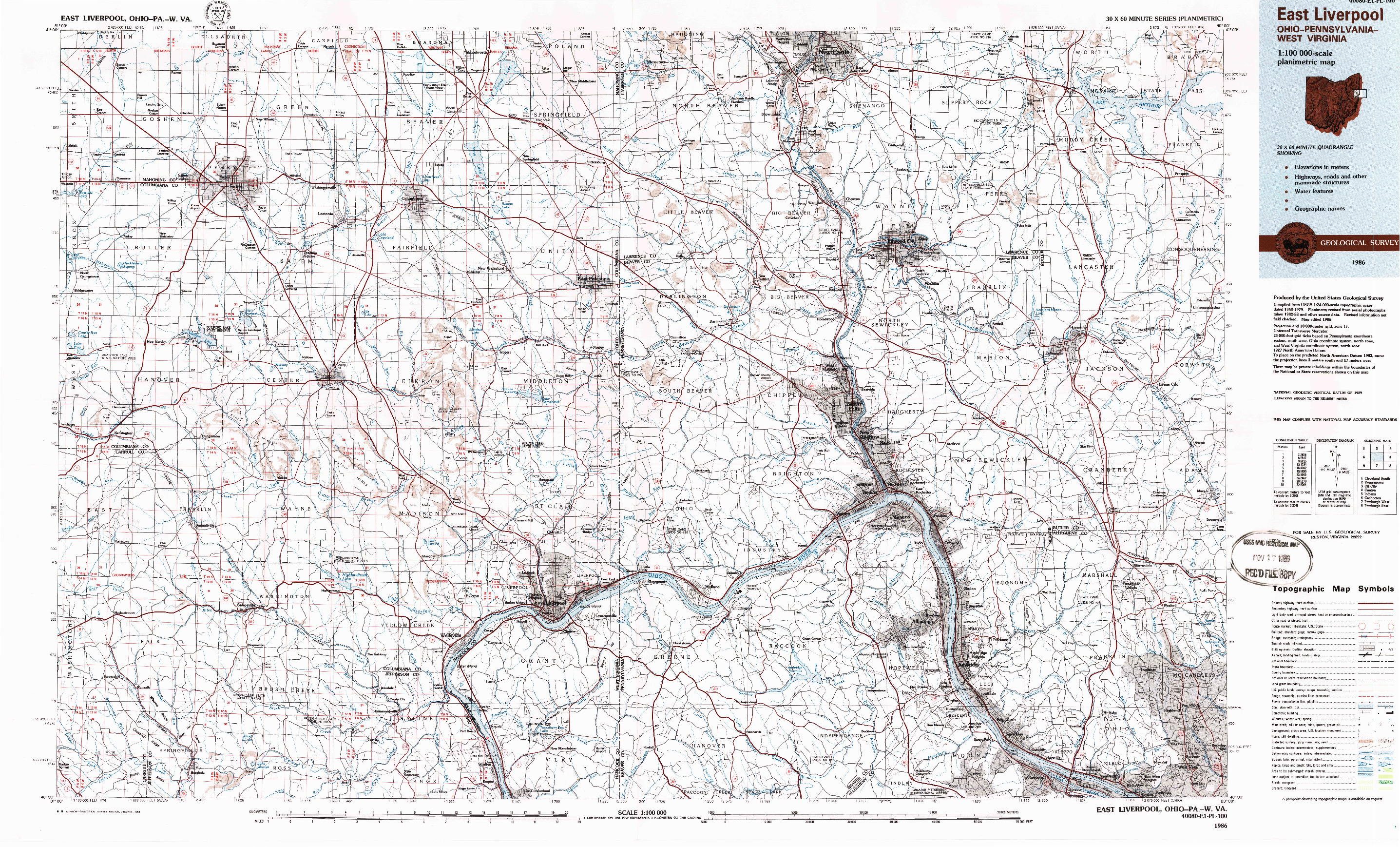 USGS 1:100000-SCALE QUADRANGLE FOR EAST LIVERPOOL, OH 1986