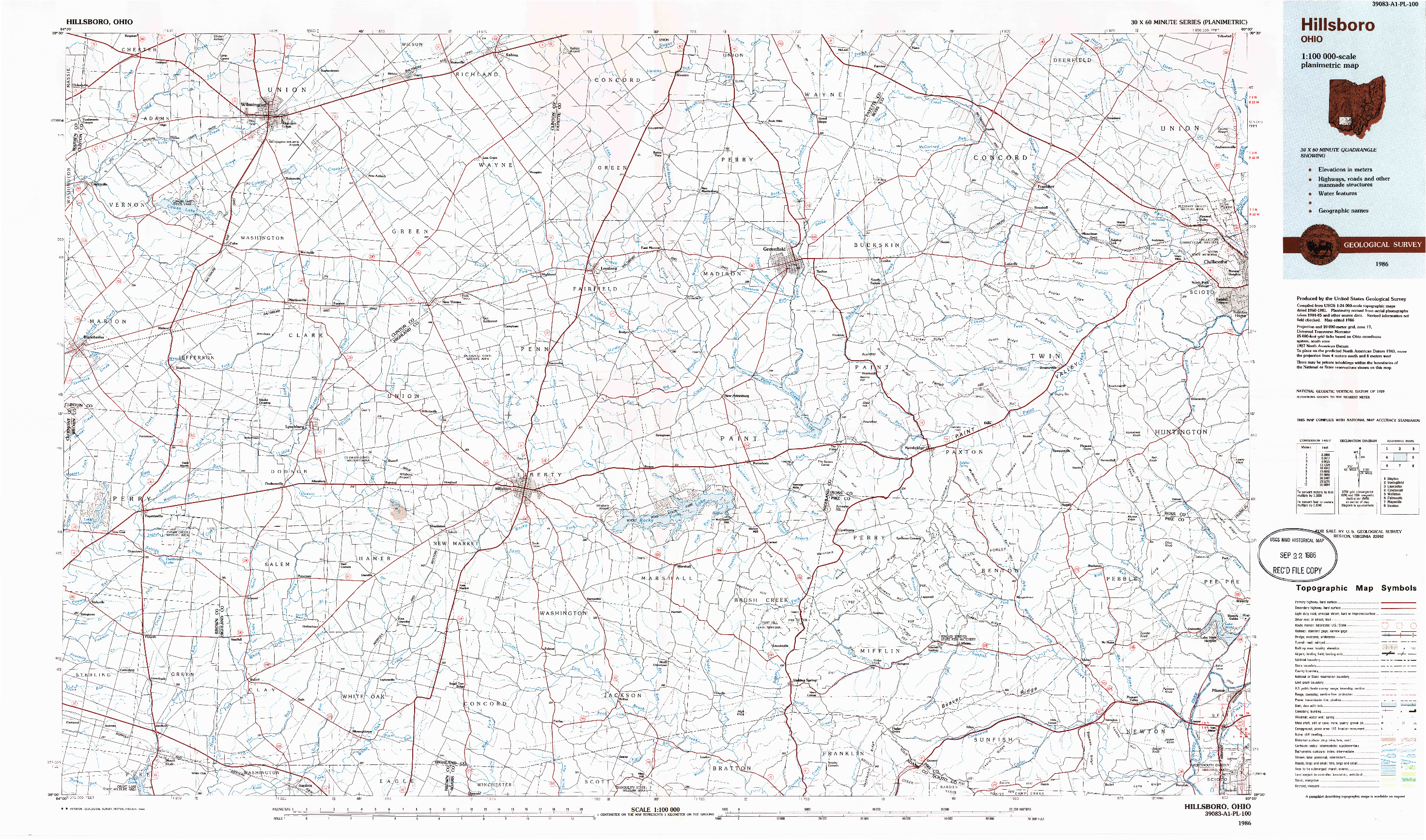 USGS 1:100000-SCALE QUADRANGLE FOR HILLSBORO, OH 1986