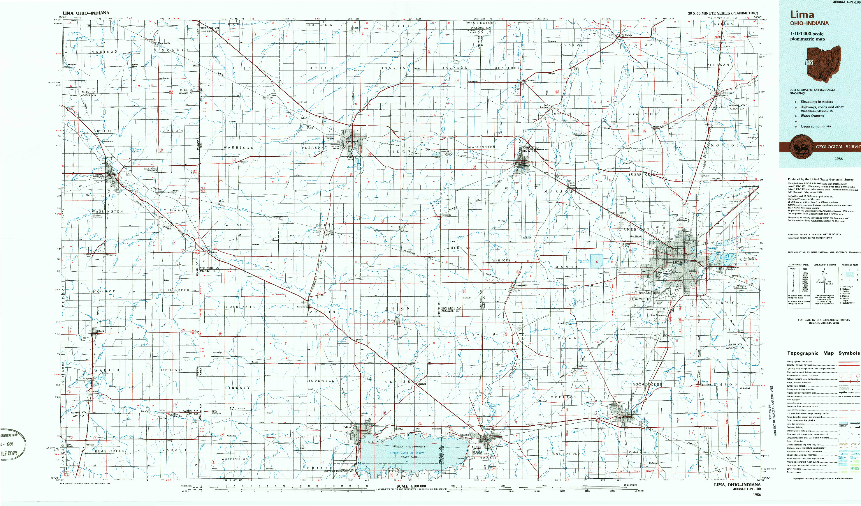 USGS 1:100000-SCALE QUADRANGLE FOR LIMA, OH 1986