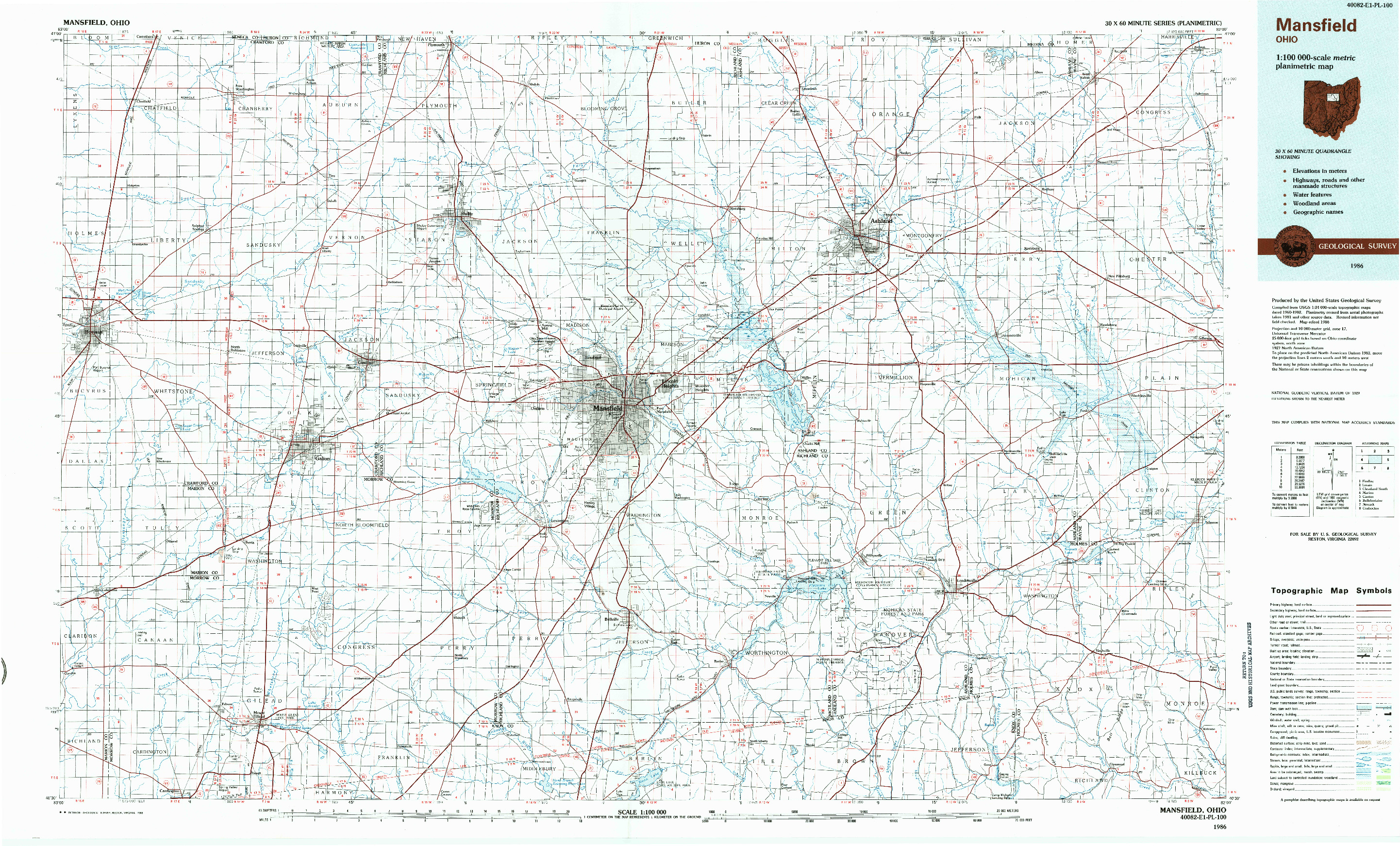 USGS 1:100000-SCALE QUADRANGLE FOR MANSFIELD, OH 1986