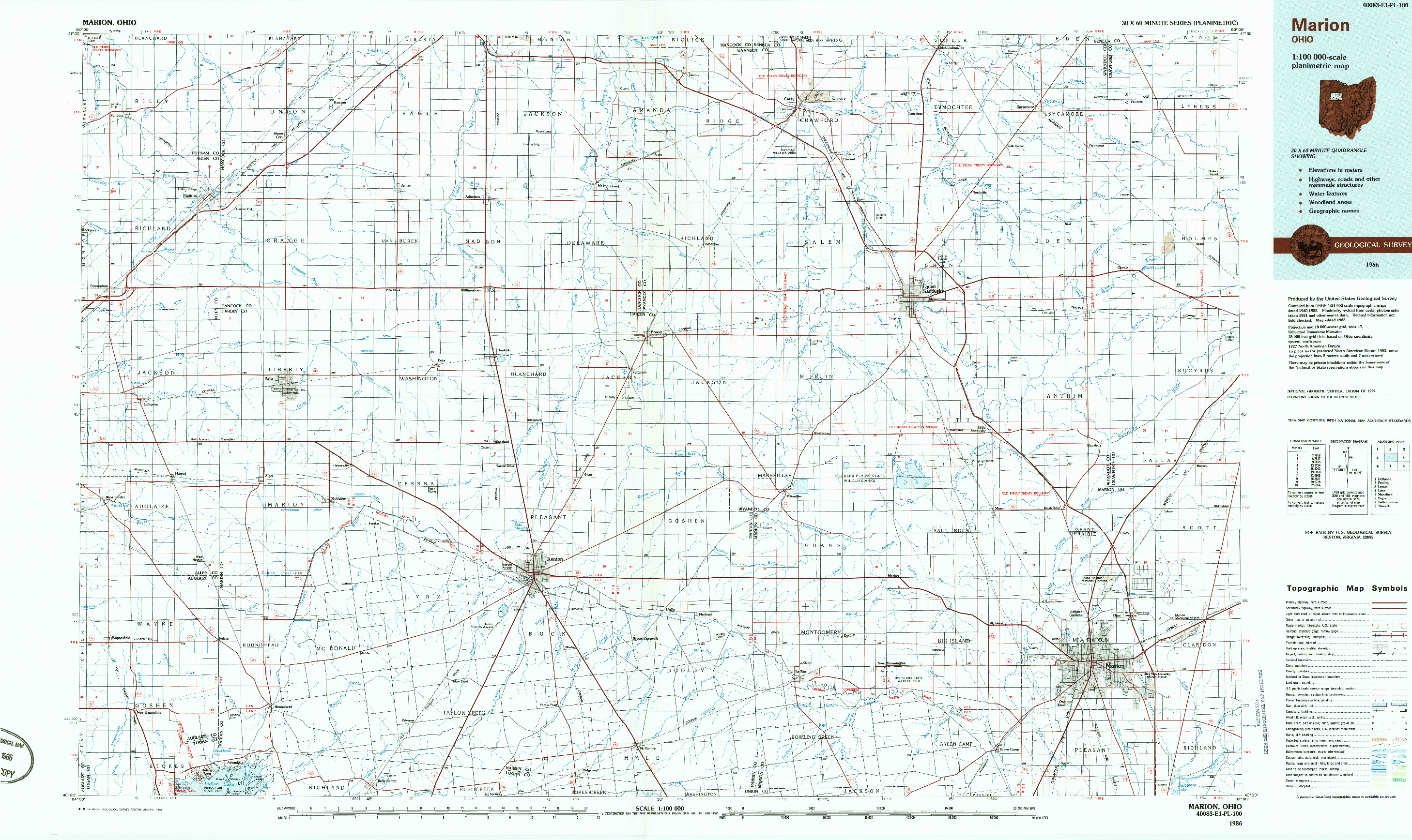 USGS 1:100000-SCALE QUADRANGLE FOR MARION, OH 1986