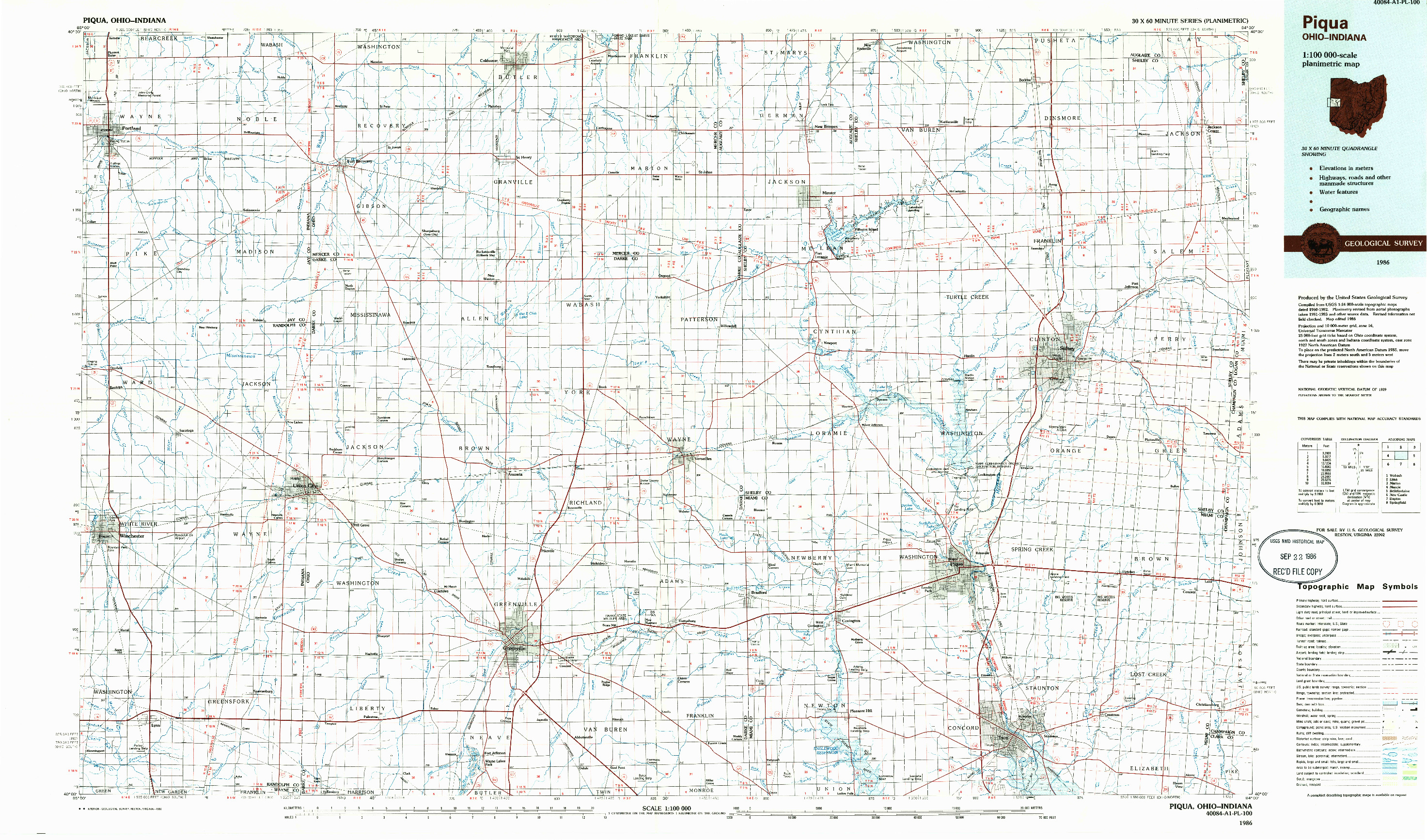 USGS 1:100000-SCALE QUADRANGLE FOR PIQUA, OH 1986