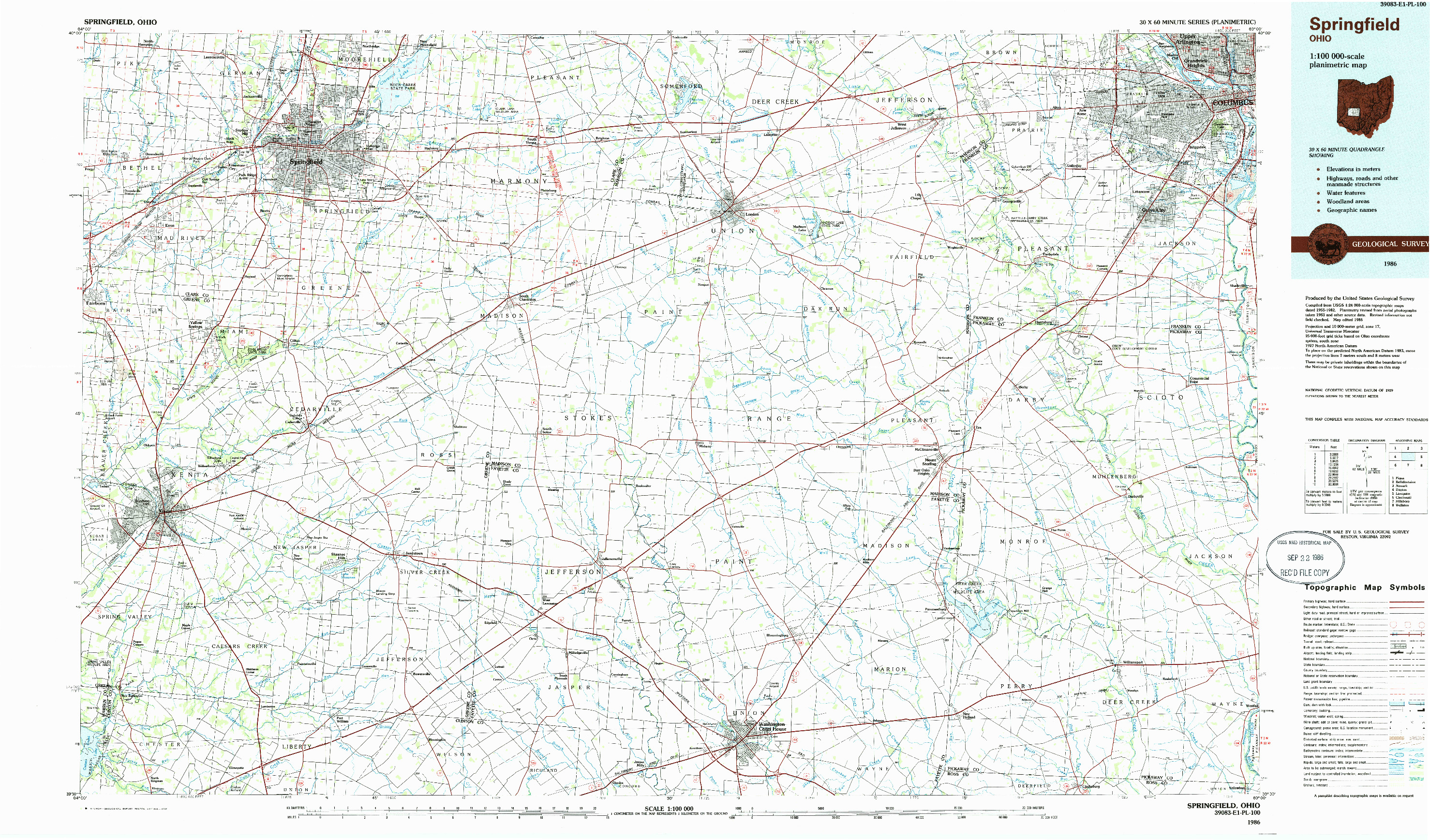 USGS 1:100000-SCALE QUADRANGLE FOR SPRINGFIELD, OH 1986