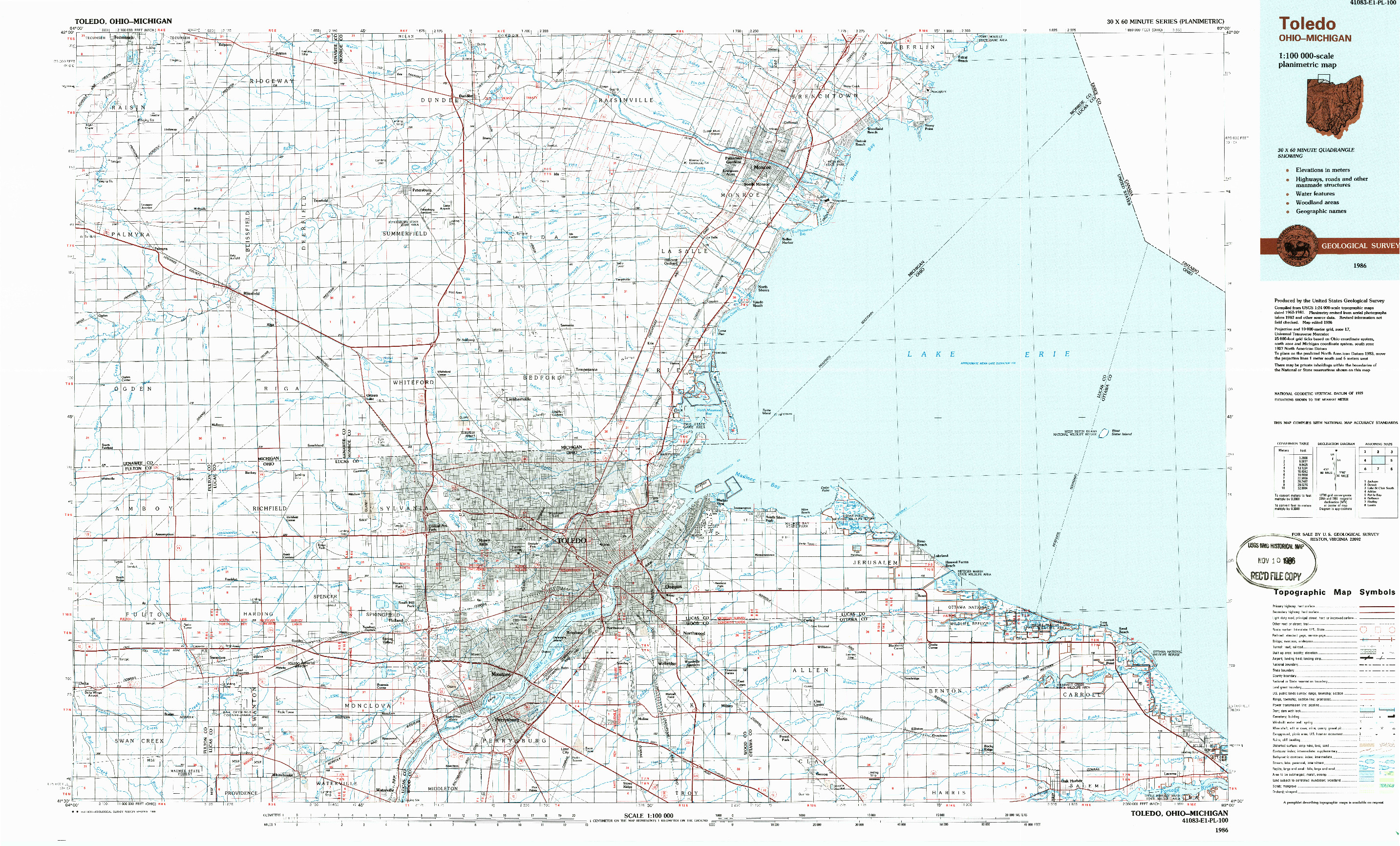 USGS 1:100000-SCALE QUADRANGLE FOR TOLEDO, OH 1986