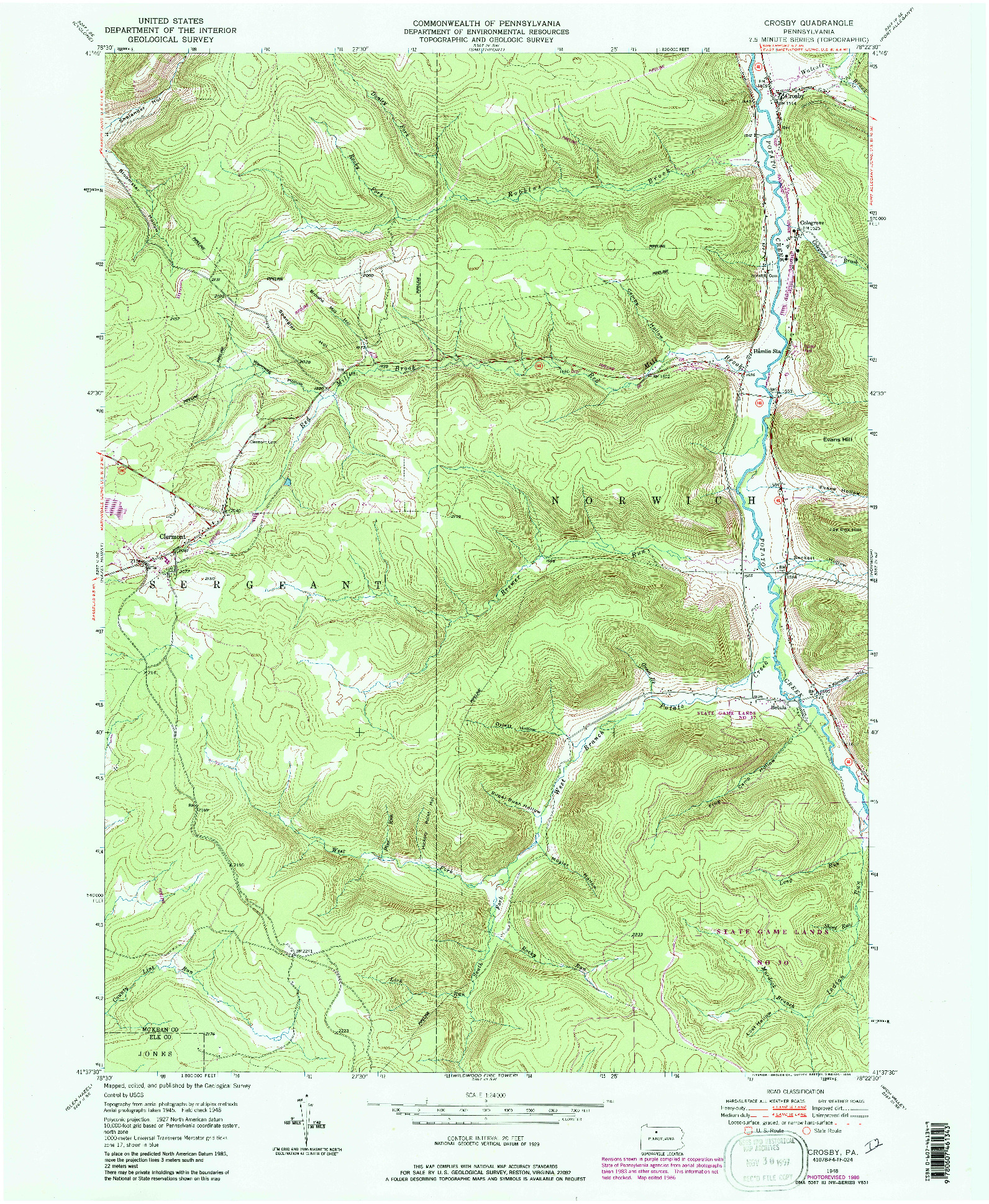 USGS 1:24000-SCALE QUADRANGLE FOR CROSBY, PA 1948