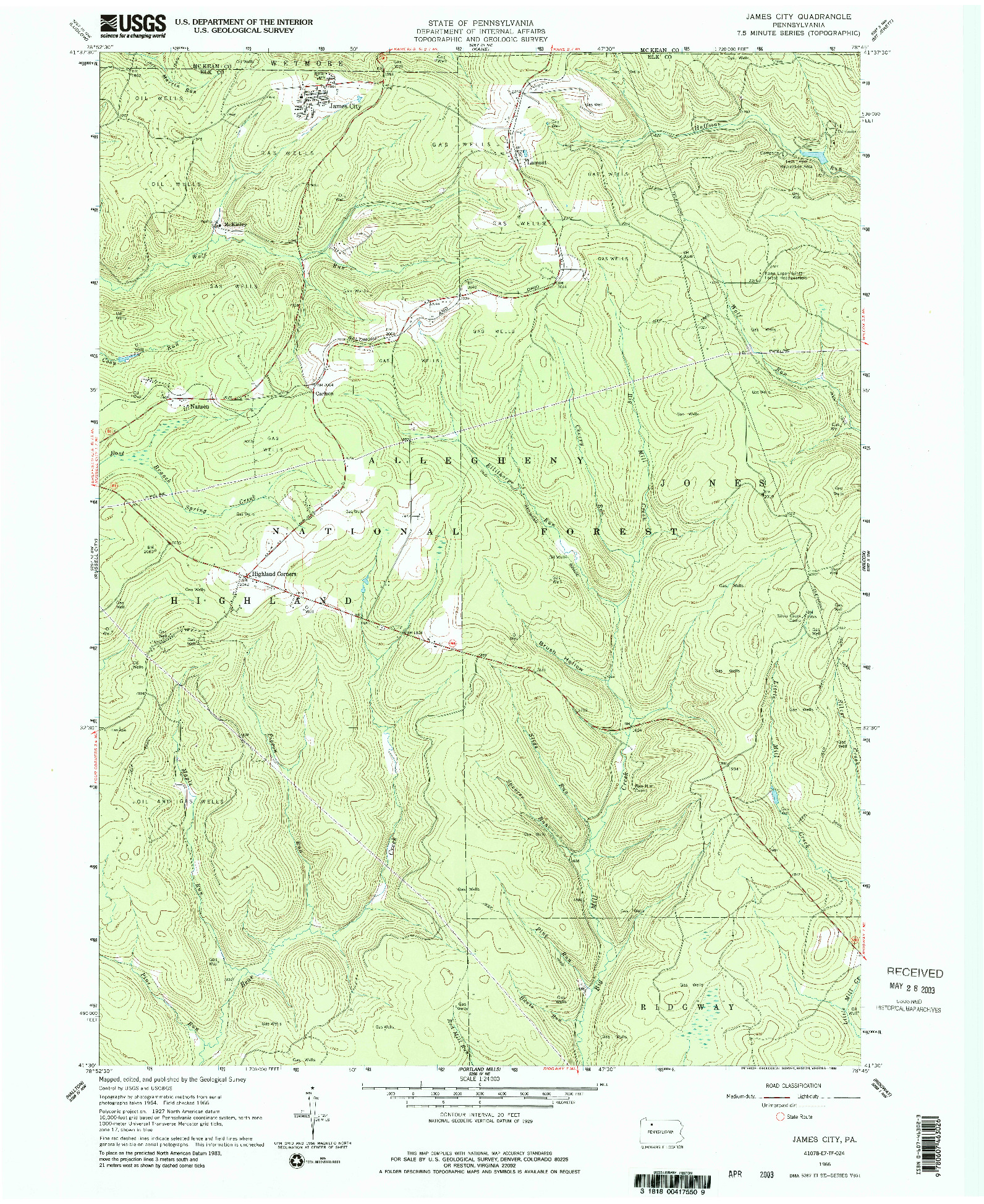 USGS 1:24000-SCALE QUADRANGLE FOR JAMES CITY, PA 1966