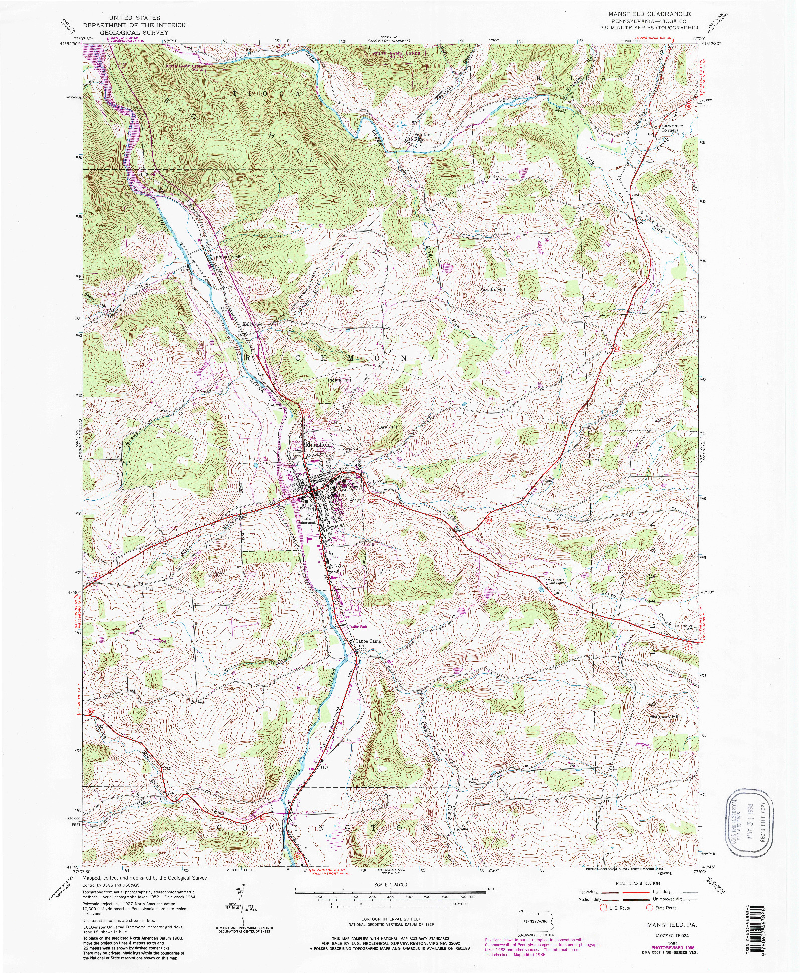 USGS 1:24000-SCALE QUADRANGLE FOR MANSFIELD, PA 1954