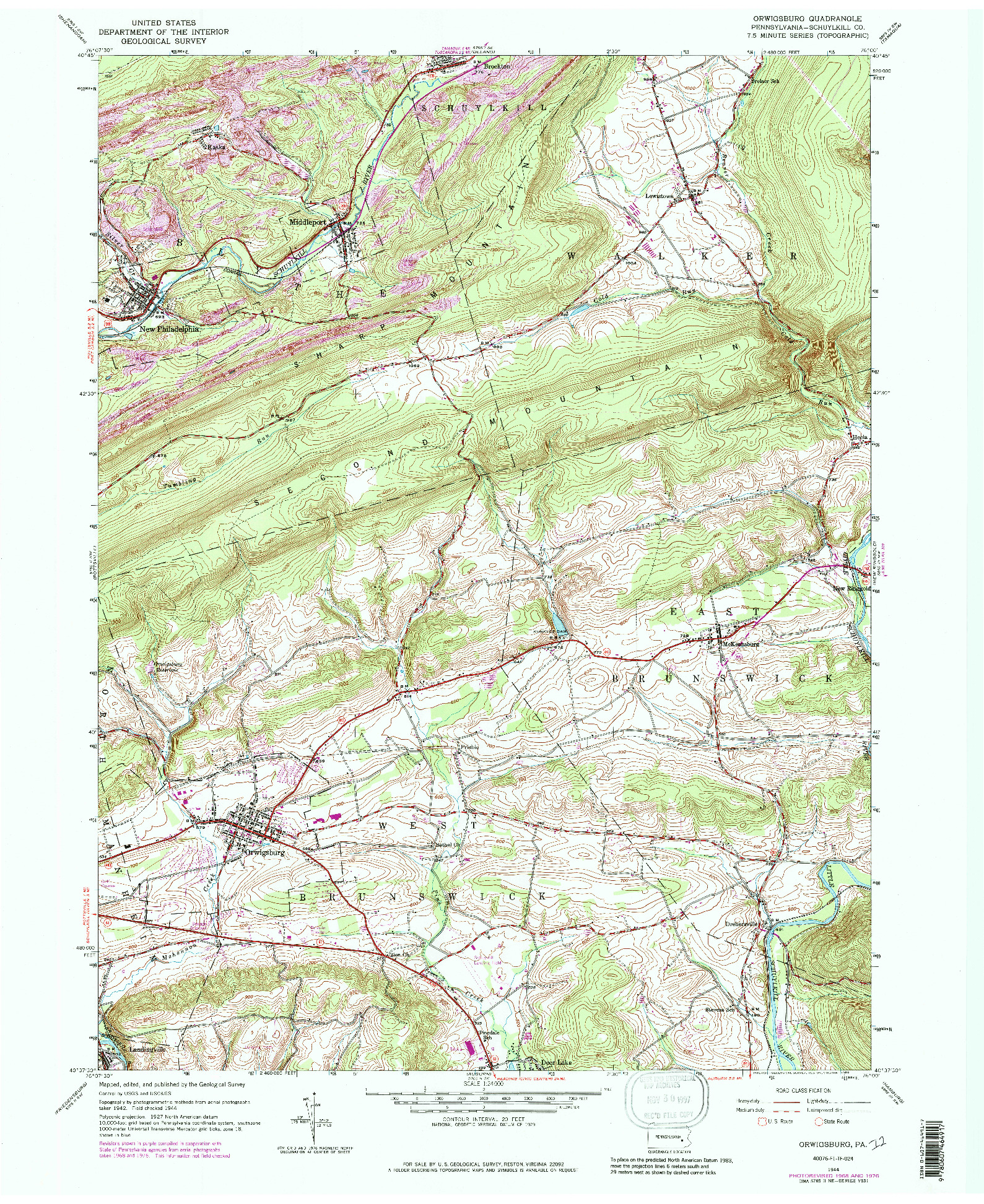 USGS 1:24000-SCALE QUADRANGLE FOR ORWIGSBURG, PA 1944
