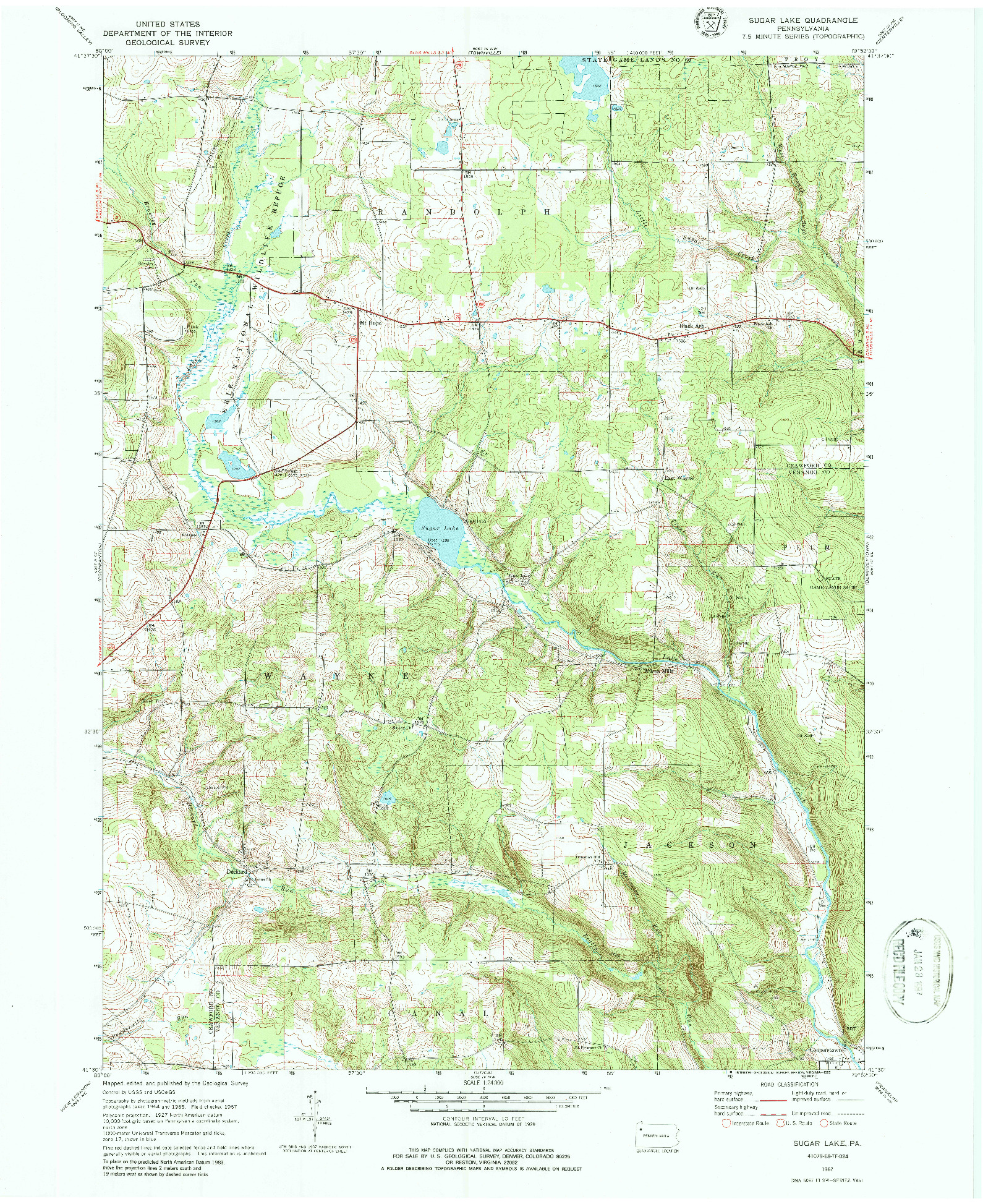 USGS 1:24000-SCALE QUADRANGLE FOR SUGAR LAKE, PA 1967