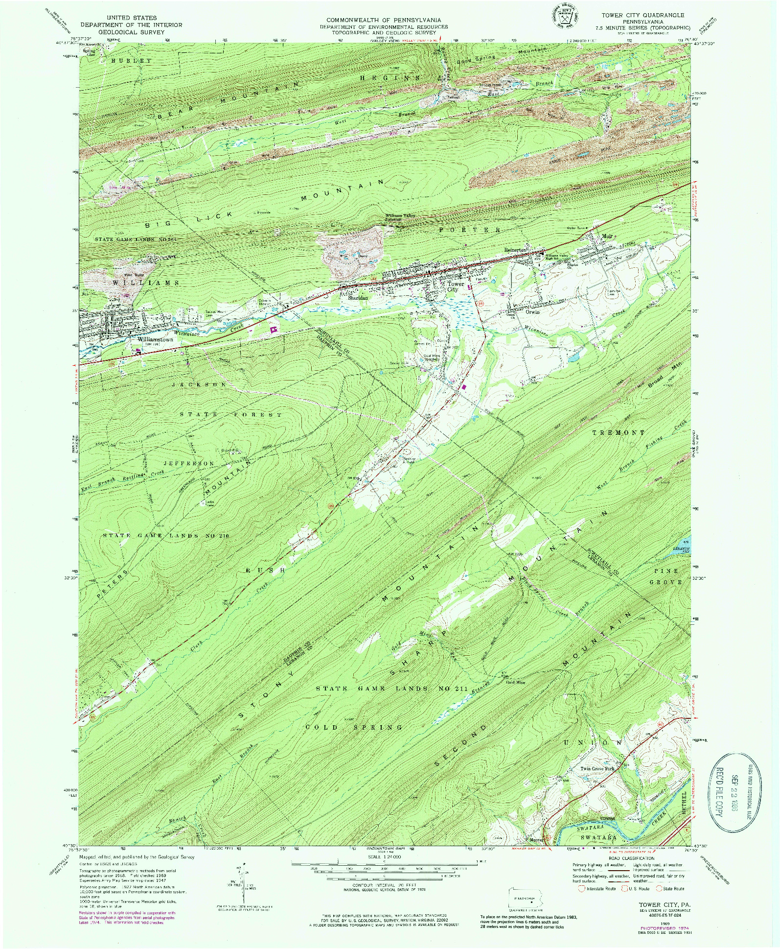 USGS 1:24000-SCALE QUADRANGLE FOR TOWER CITY, PA 1969
