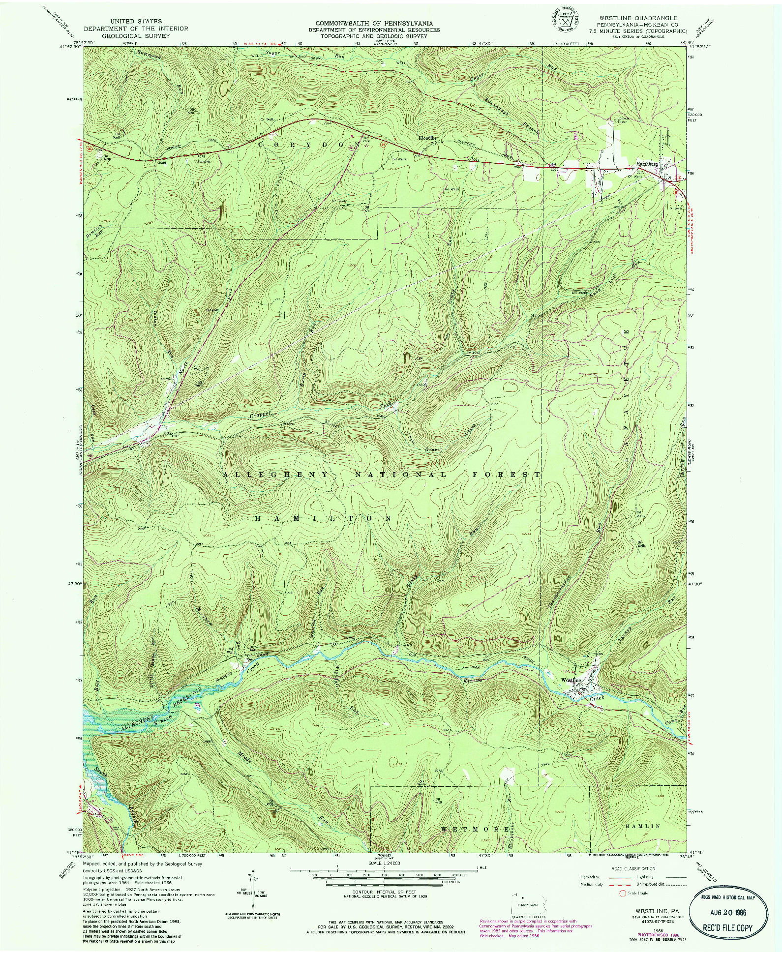 USGS 1:24000-SCALE QUADRANGLE FOR WESTLINE, PA 1966