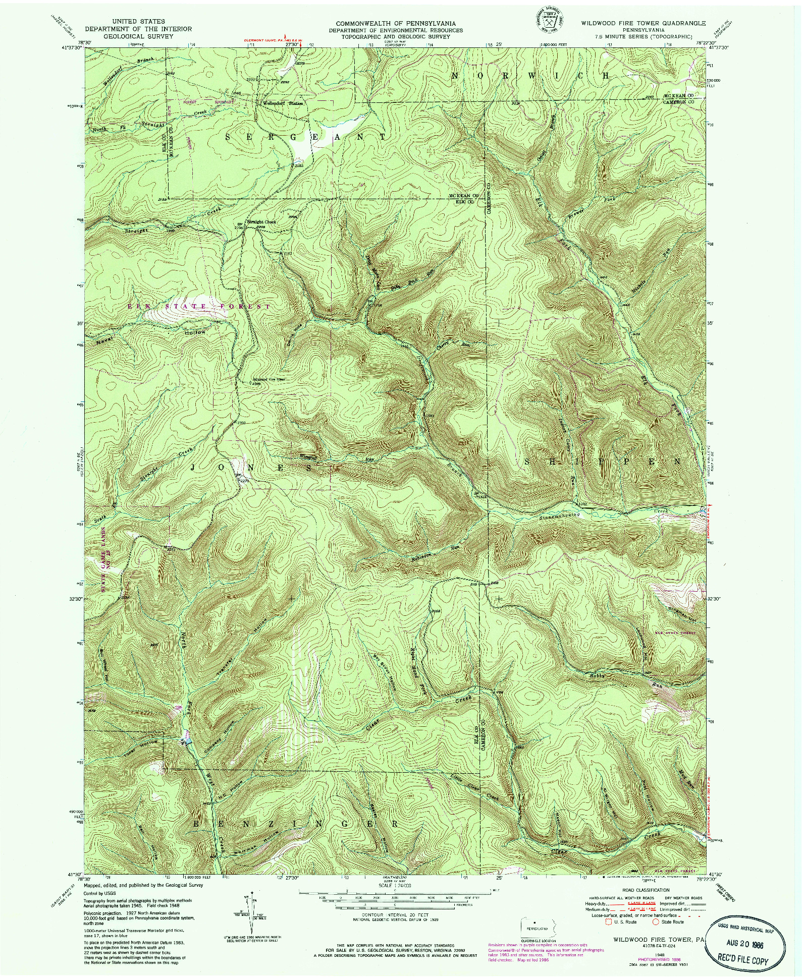 USGS 1:24000-SCALE QUADRANGLE FOR WILDWOOD FIRE TOWER, PA 1948