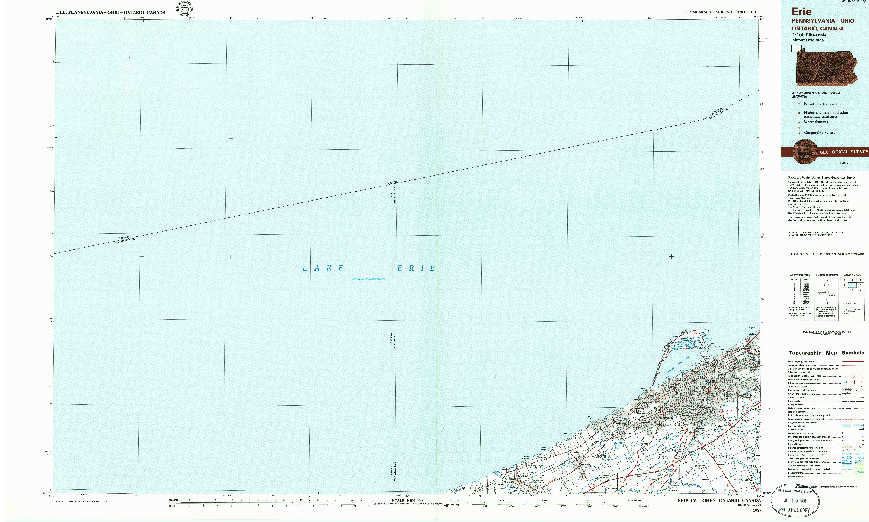 USGS 1:100000-SCALE QUADRANGLE FOR ERIE, PA 1985