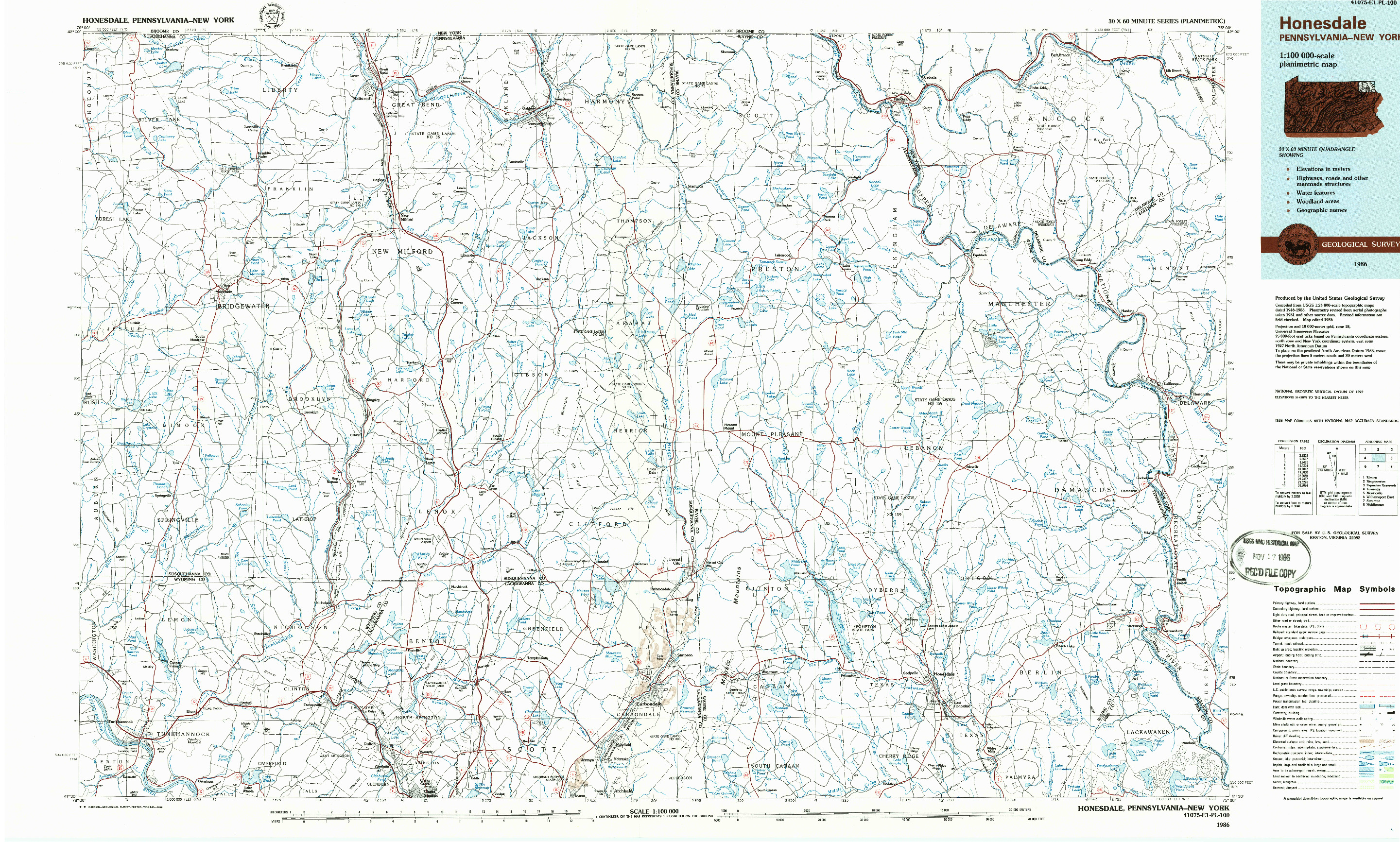 USGS 1:100000-SCALE QUADRANGLE FOR HONESDALE, PA 1986