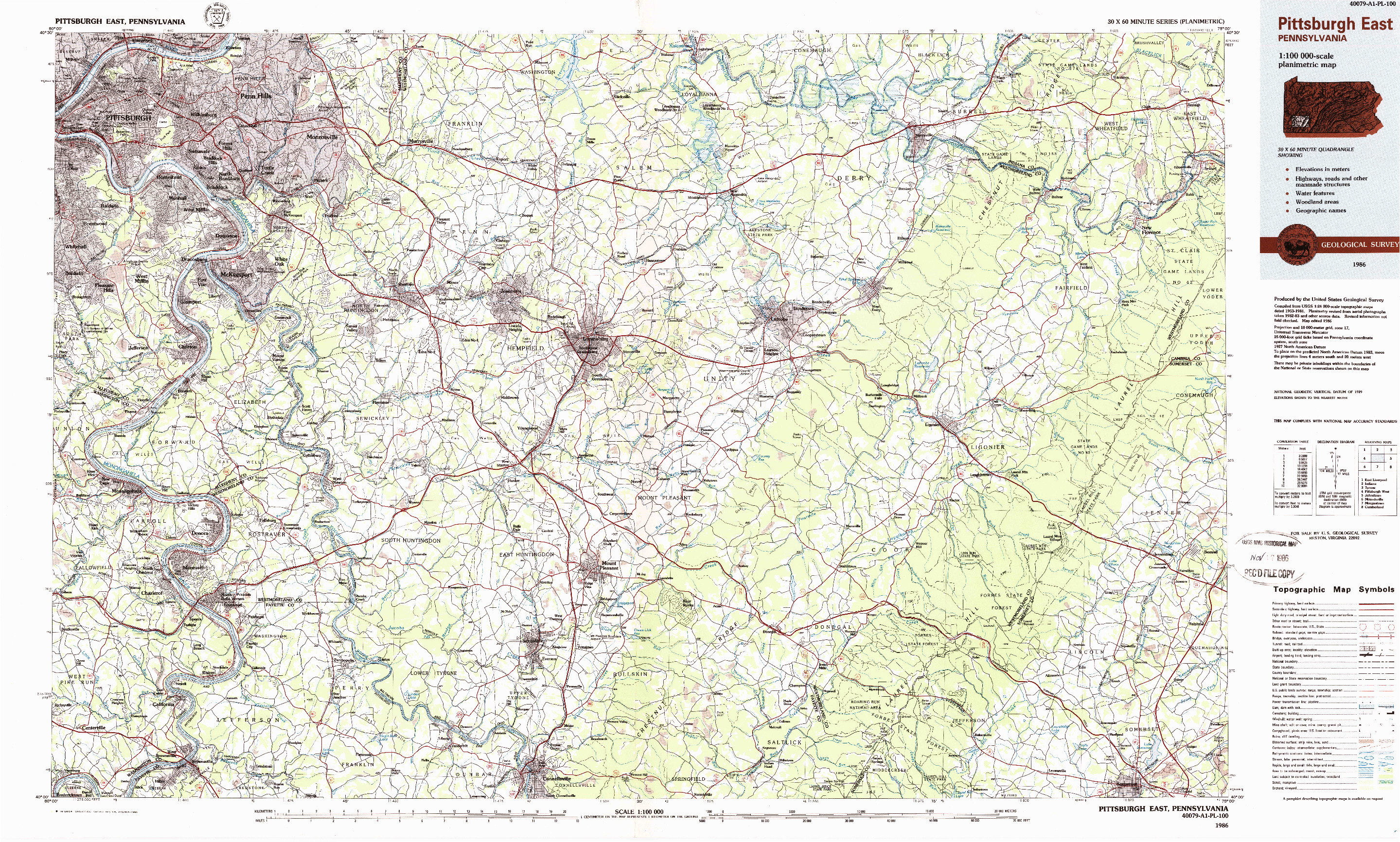 USGS 1:100000-SCALE QUADRANGLE FOR PITTSBURGH EAST, PA 1986