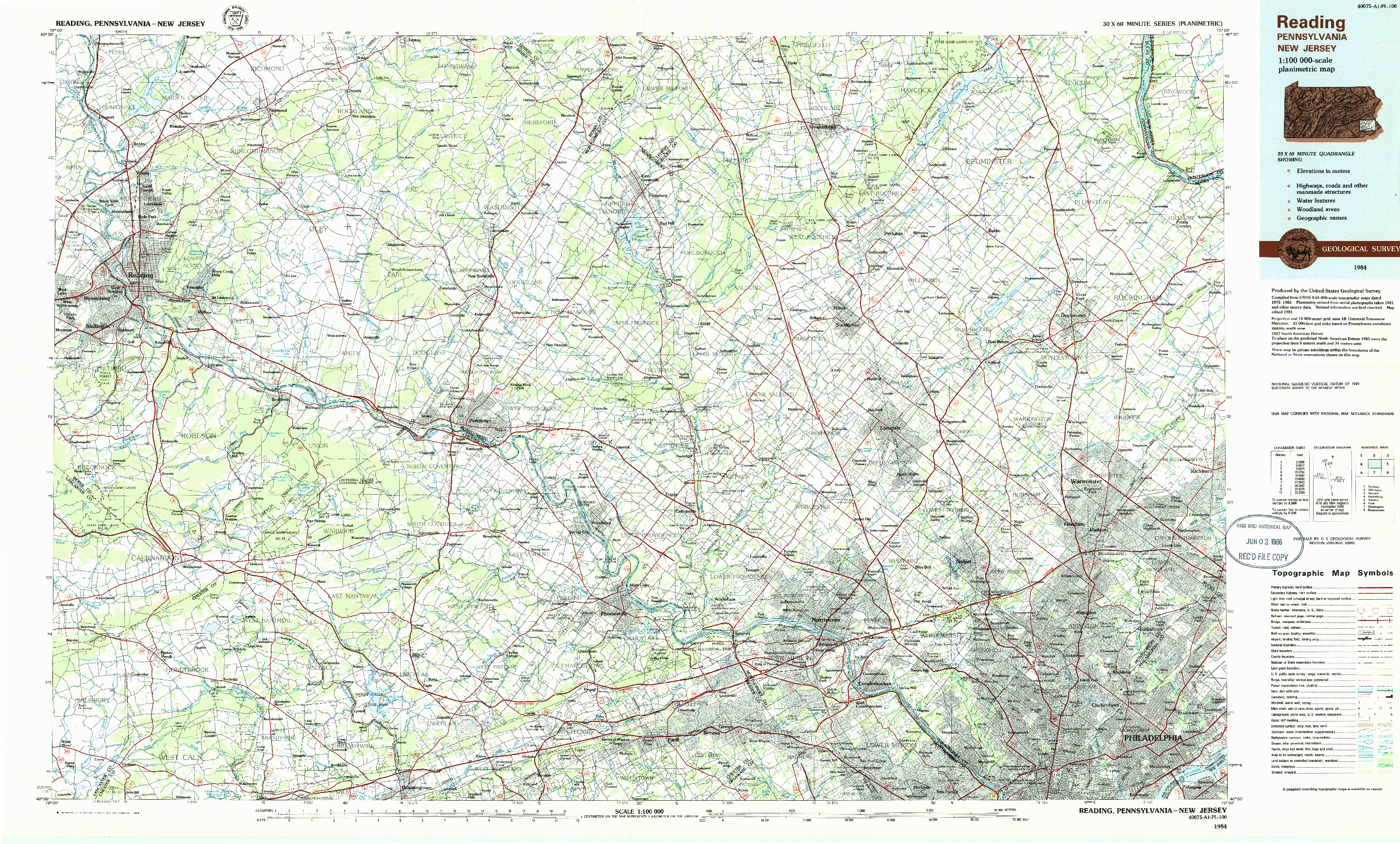 USGS 1:100000-SCALE QUADRANGLE FOR READING, PA 1984