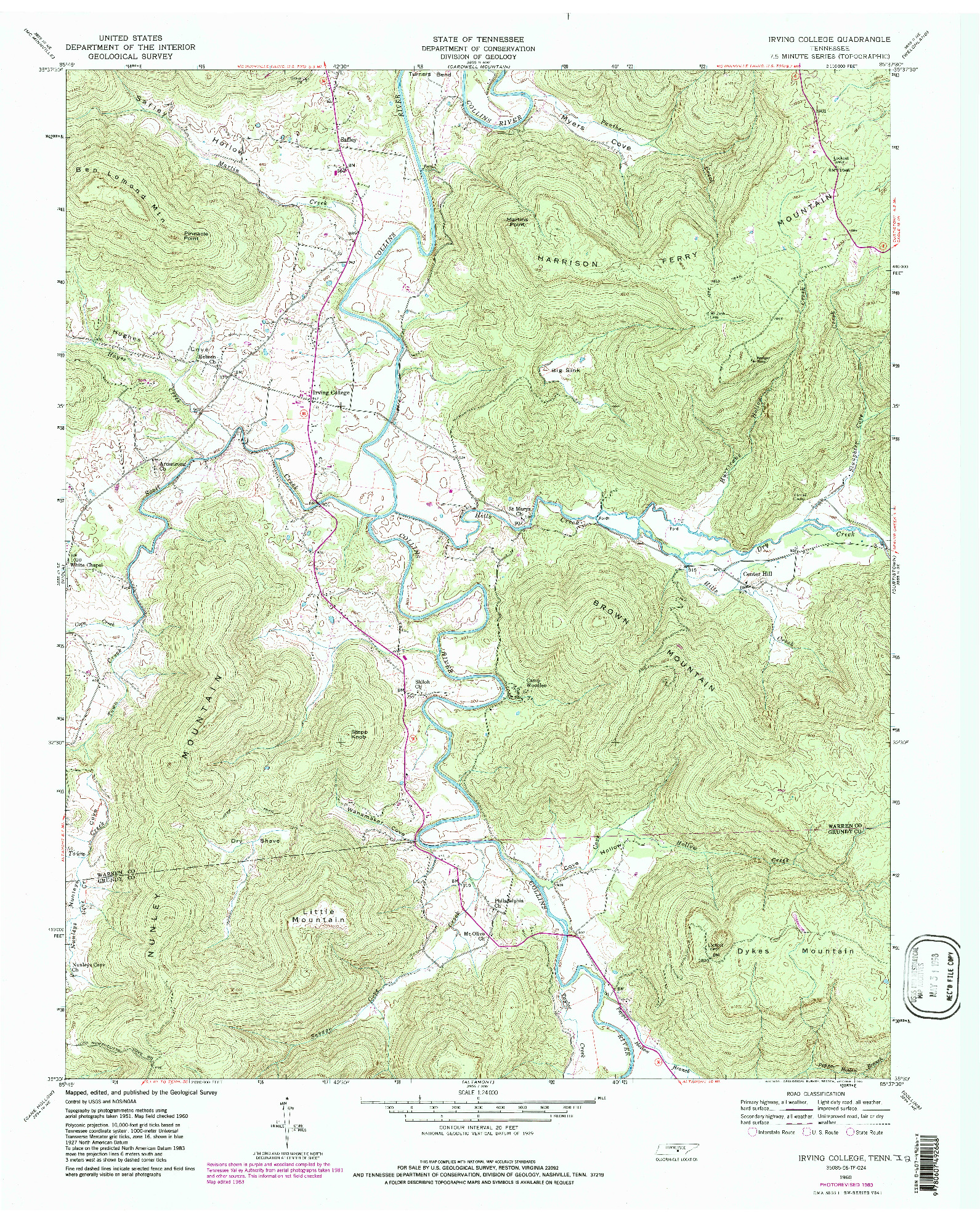 USGS 1:24000-SCALE QUADRANGLE FOR IRVING COLLEGE, TN 1960