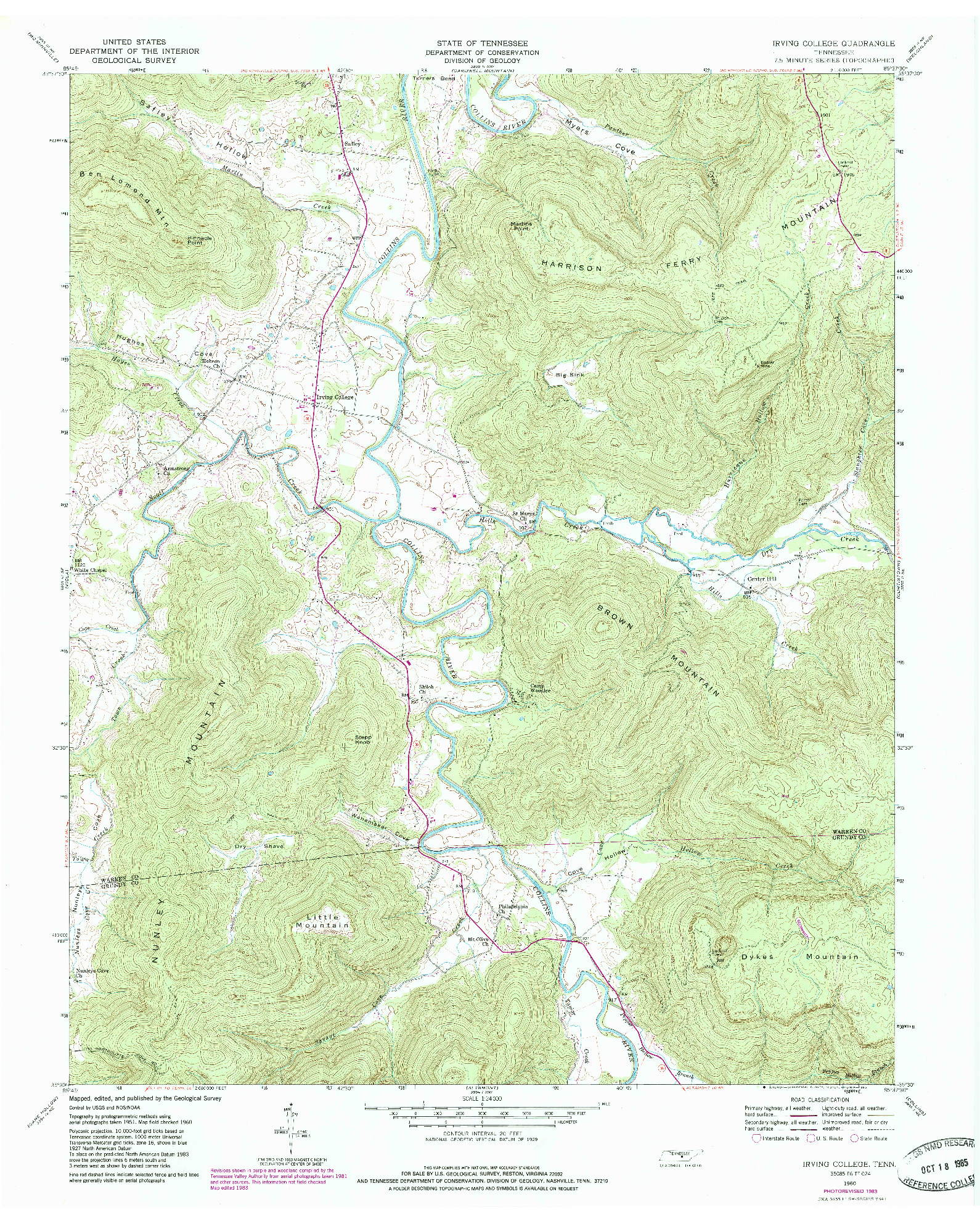 USGS 1:24000-SCALE QUADRANGLE FOR IRVING COLLEGE, TN 1960