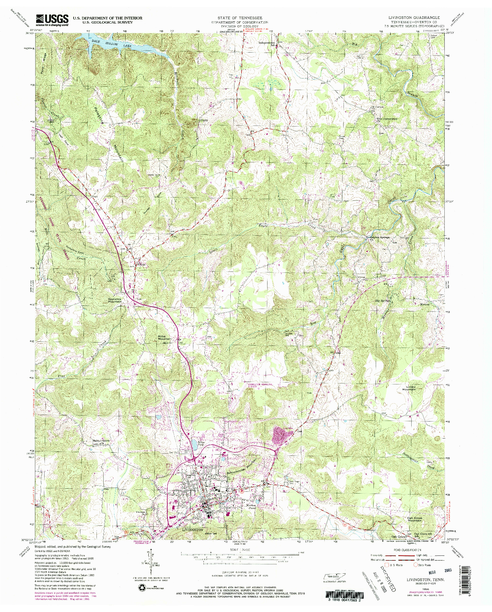 USGS 1:24000-SCALE QUADRANGLE FOR LIVINGSTON, TN 1955