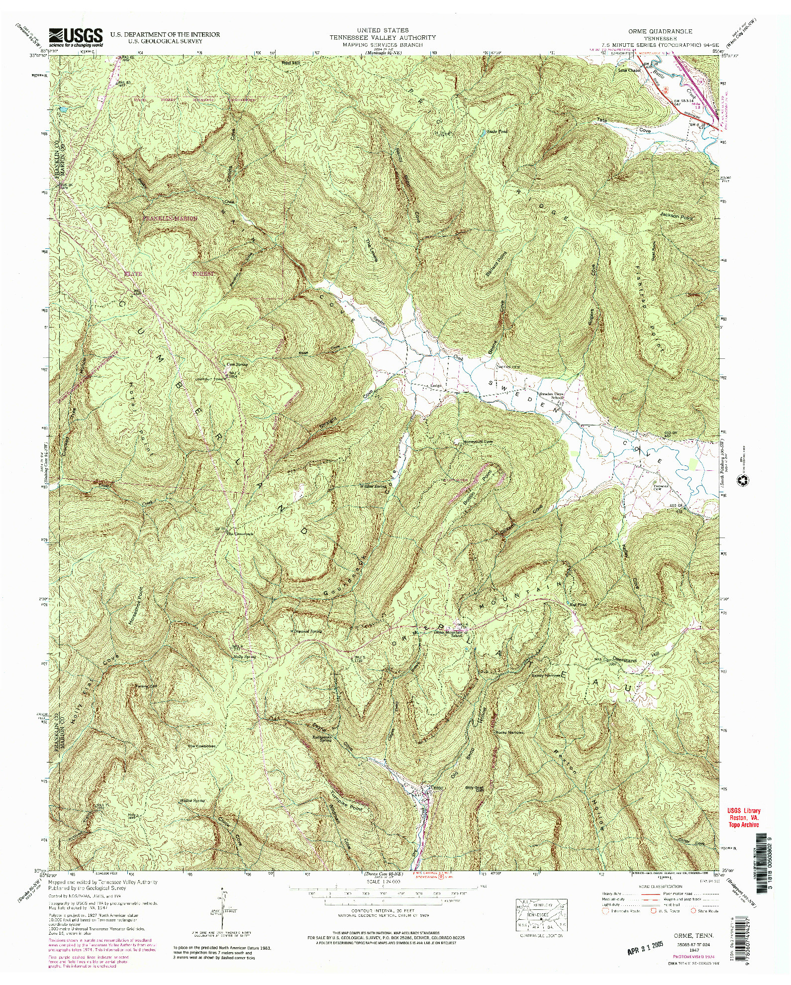 USGS 1:24000-SCALE QUADRANGLE FOR ORME, TN 1947
