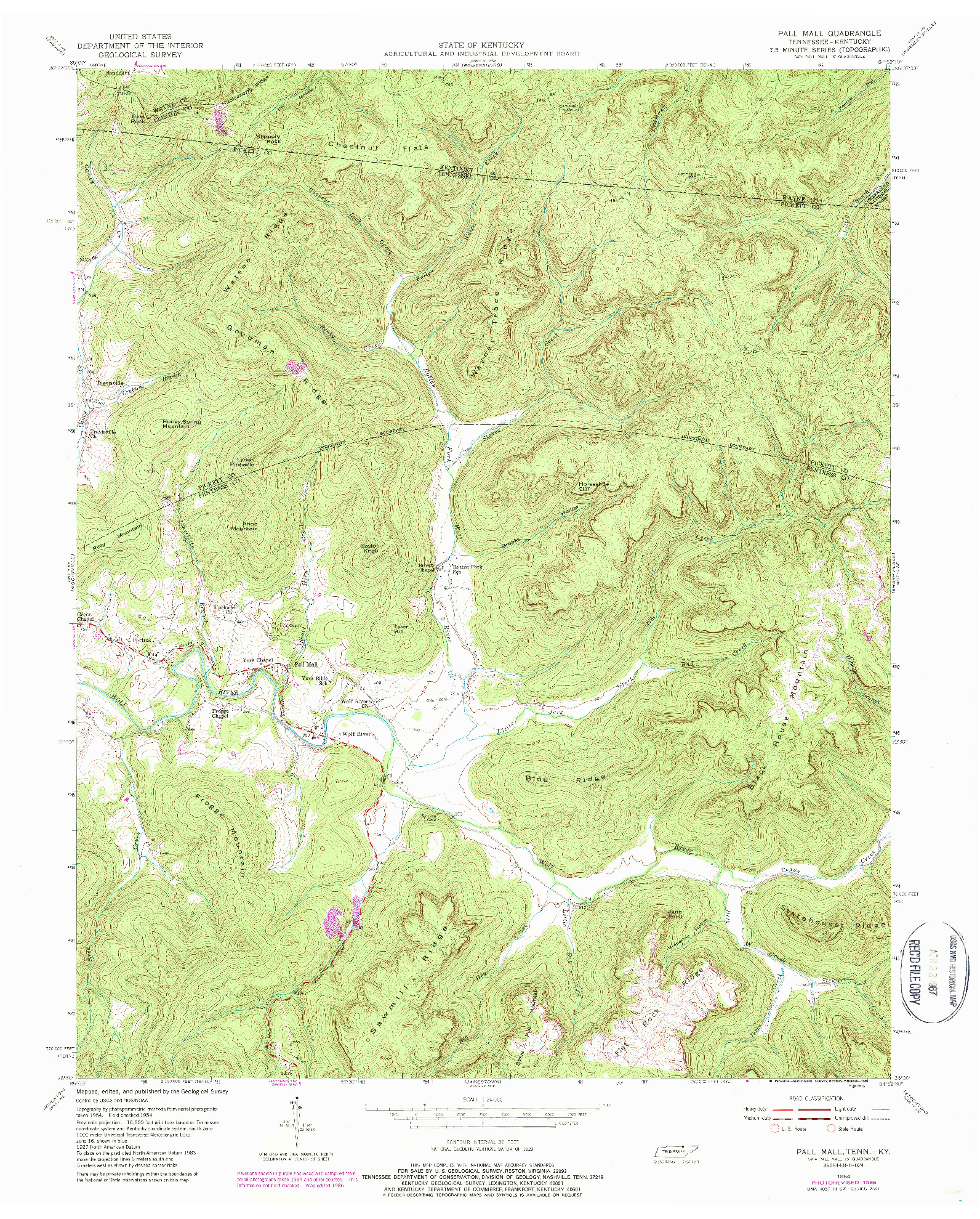 USGS 1:24000-SCALE QUADRANGLE FOR PALL MALL, TN 1954