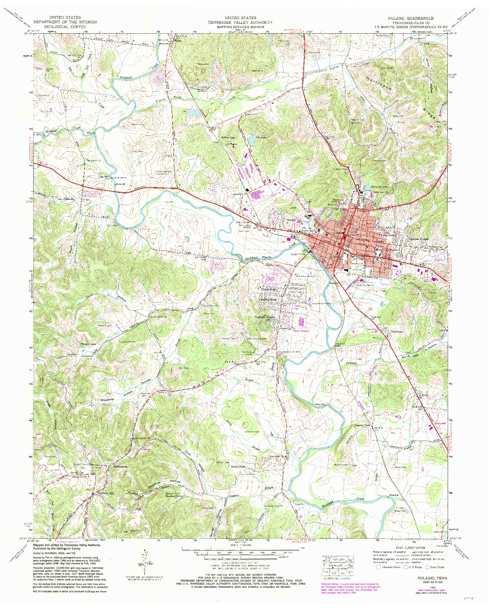 USGS 1:24000-SCALE QUADRANGLE FOR PULASKI, TN 1966