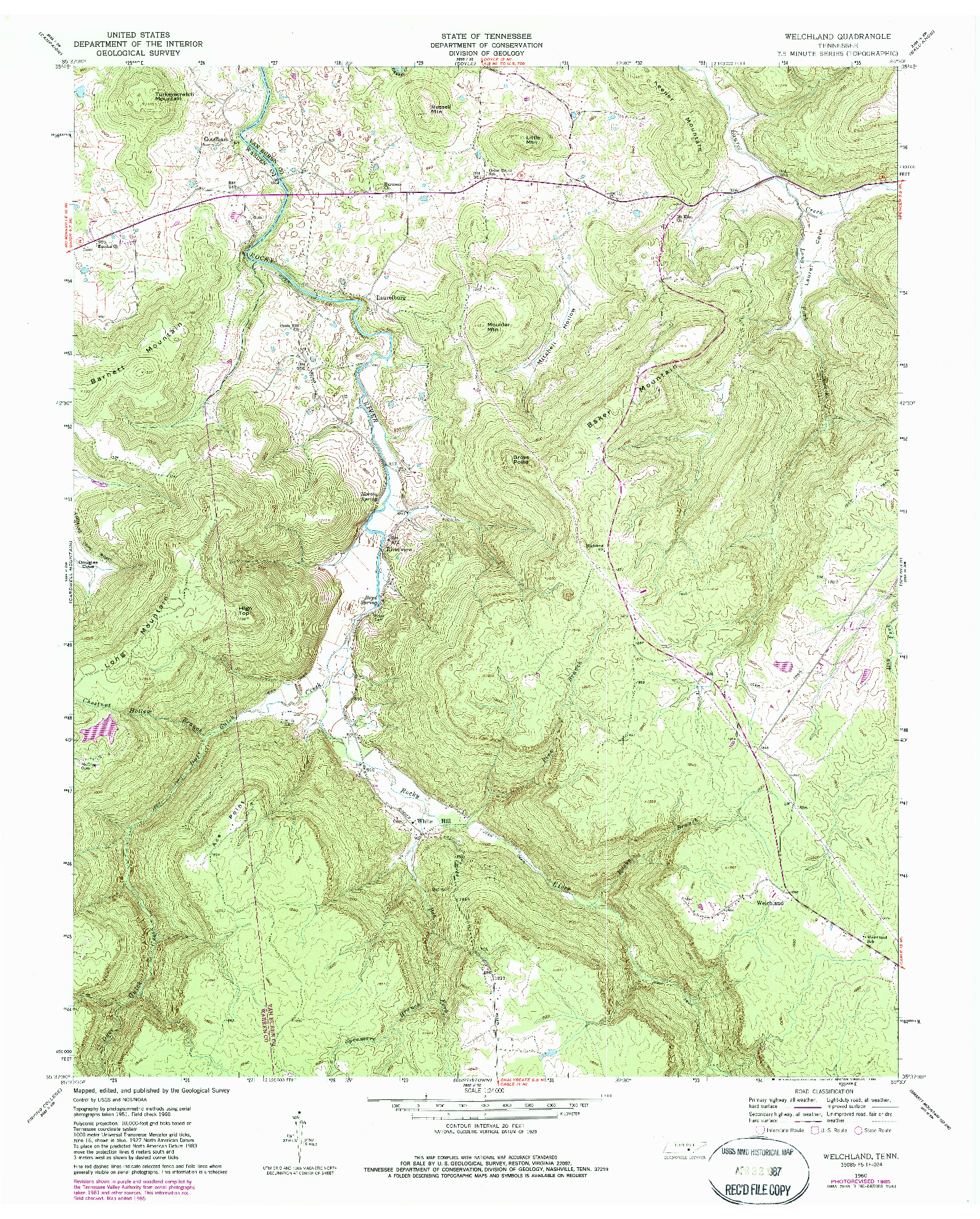 USGS 1:24000-SCALE QUADRANGLE FOR WELCHLAND, TN 1960