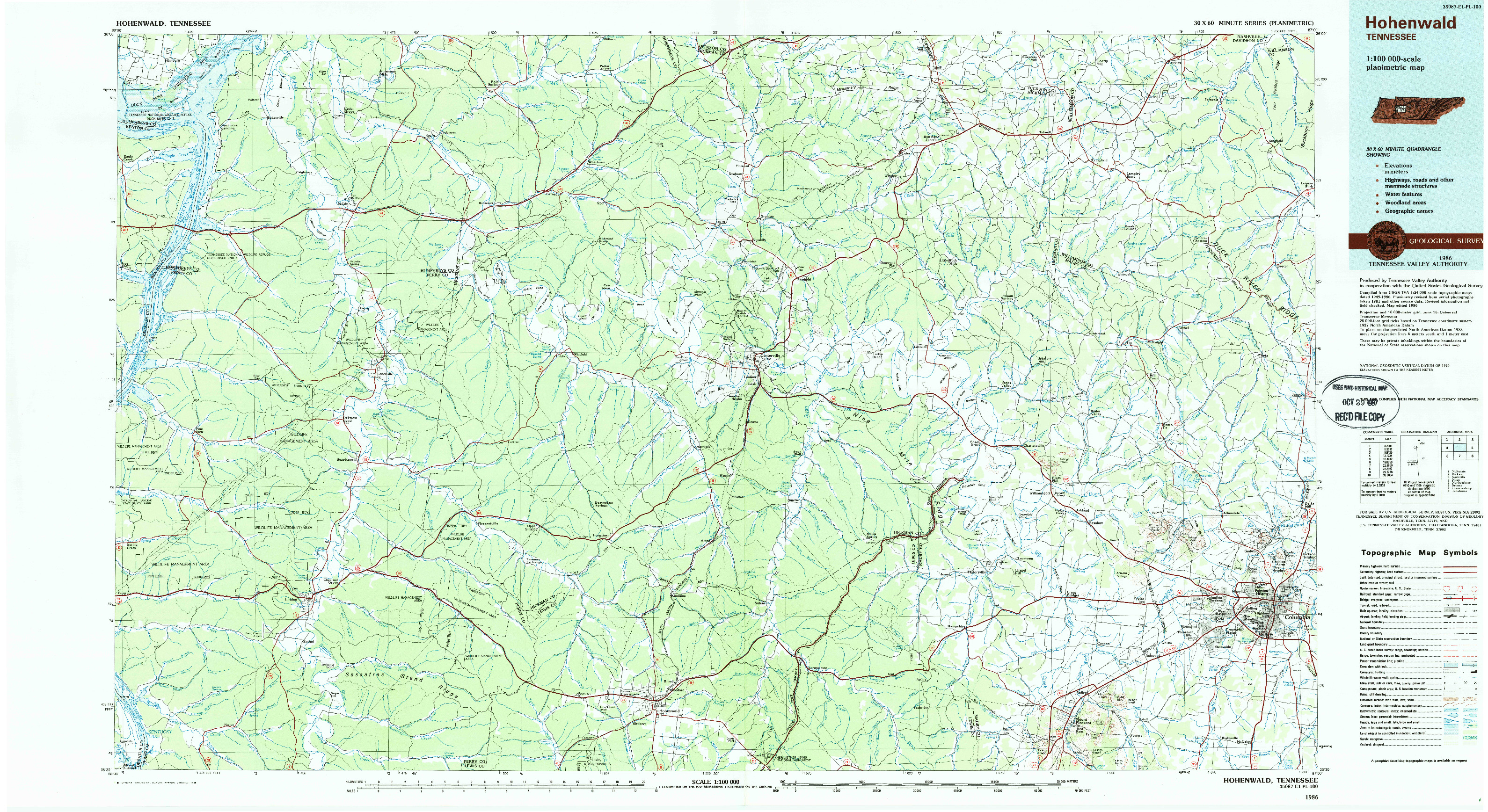 USGS 1:100000-SCALE QUADRANGLE FOR HOHENWALD, TN 1986