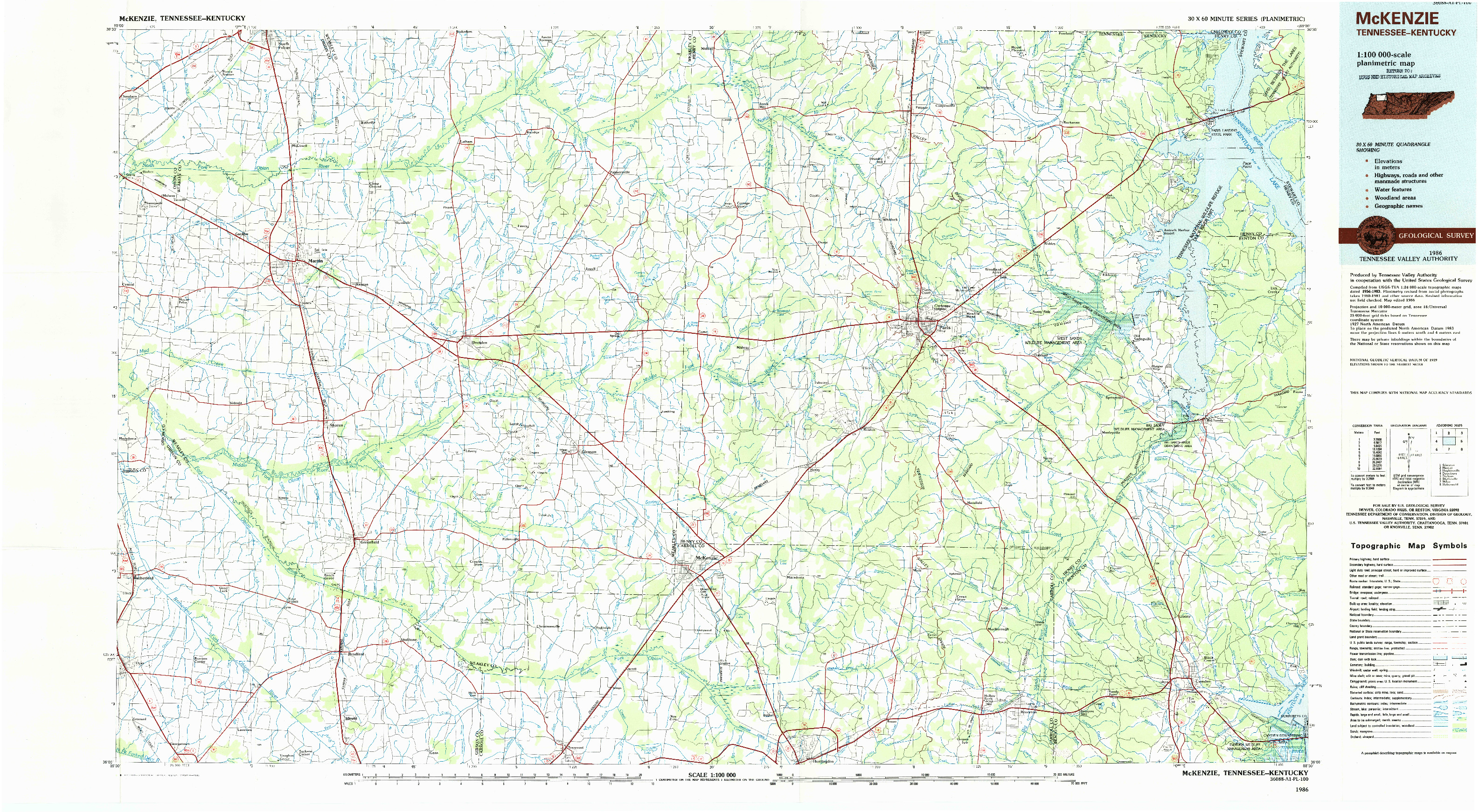 USGS 1:100000-SCALE QUADRANGLE FOR MCKENZIE, TN 1986