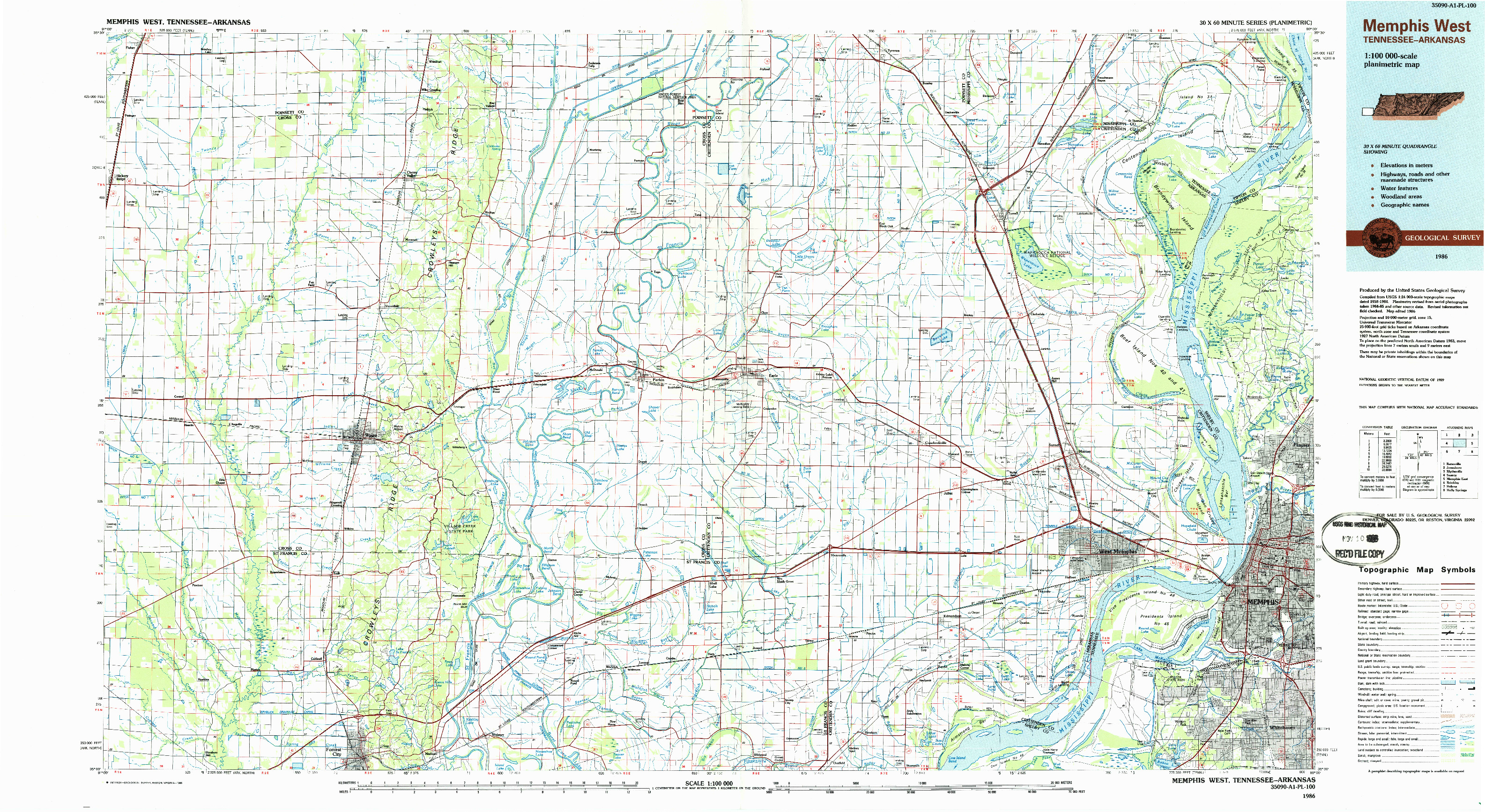 USGS 1:100000-SCALE QUADRANGLE FOR MEMPHIS WEST, TN 1986