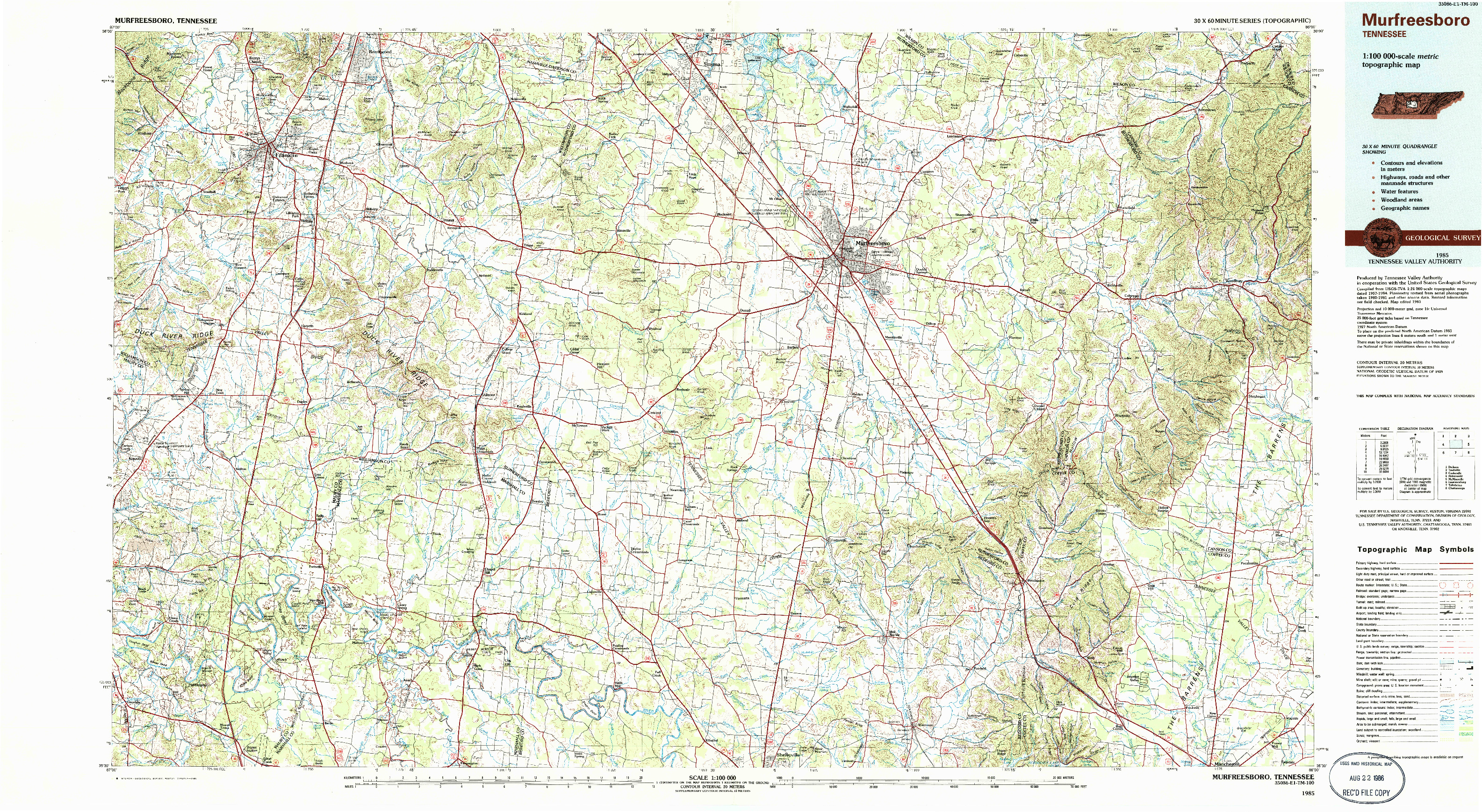 USGS 1:100000-SCALE QUADRANGLE FOR MURFREESBORO, TN 1985