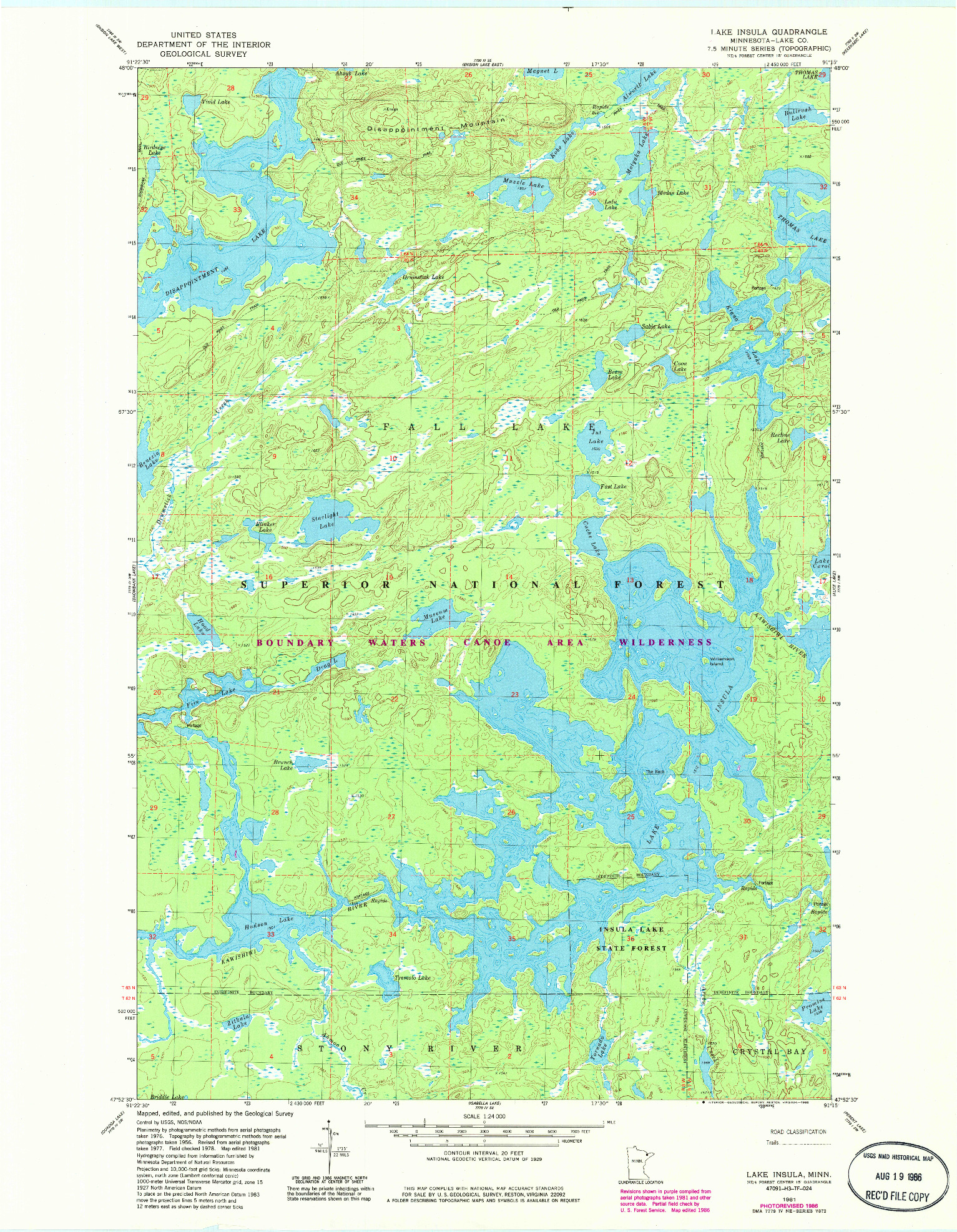 USGS 1:24000-SCALE QUADRANGLE FOR LAKE INSULA, MN 1981