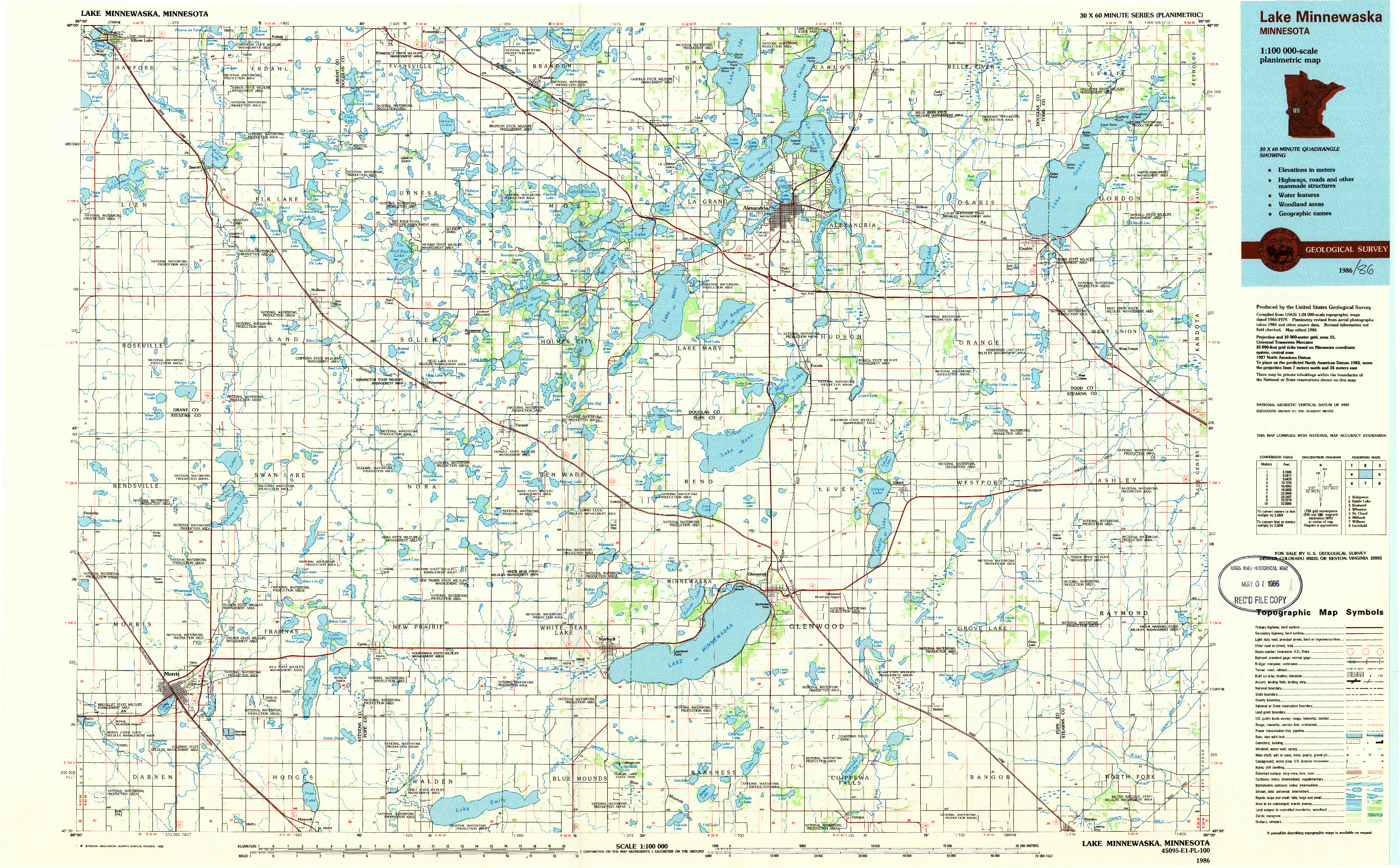 USGS 1:100000-SCALE QUADRANGLE FOR LAKE MINNEWASKA, MN 1986