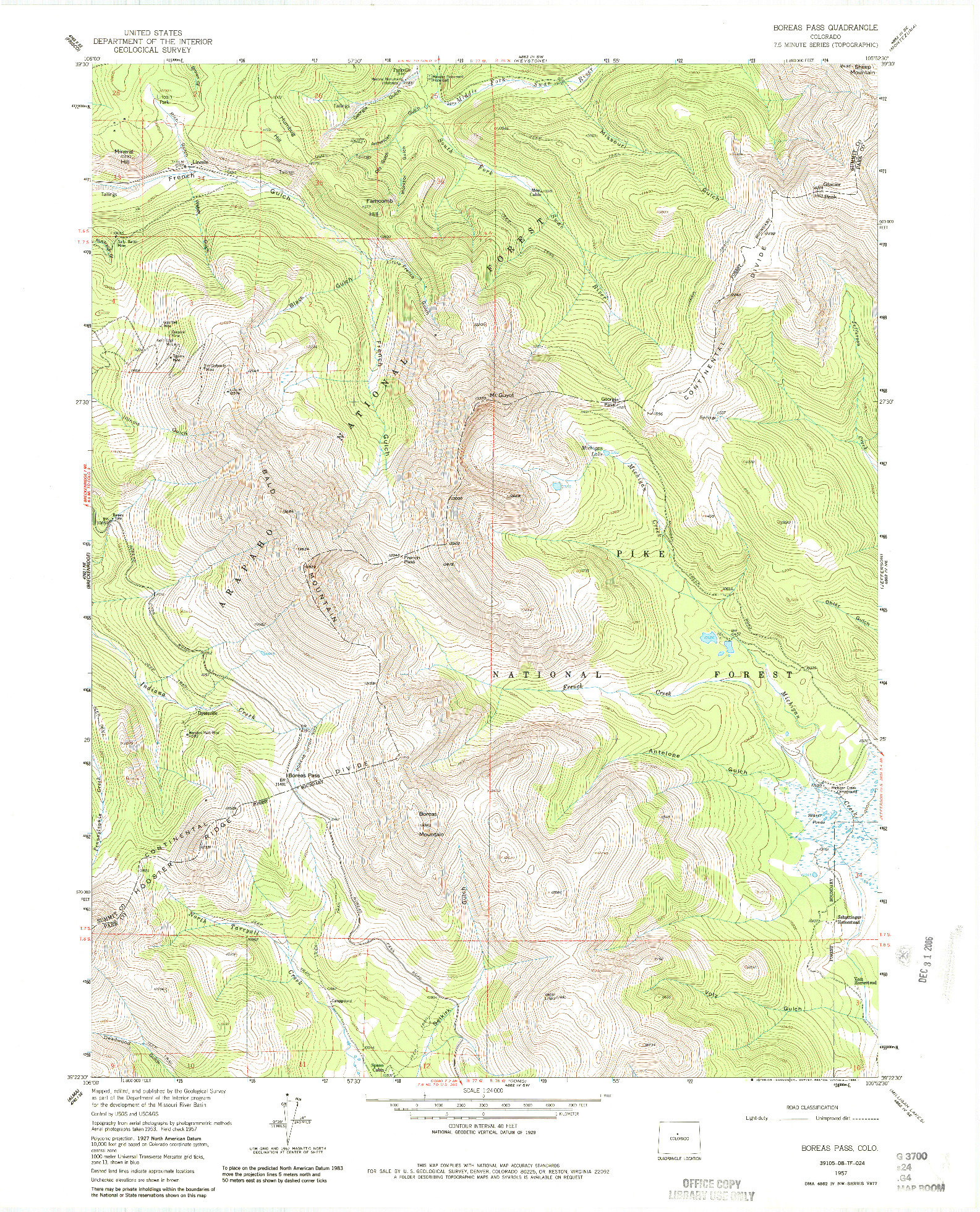 USGS 1:24000-SCALE QUADRANGLE FOR BOREAS PASS, CO 1957