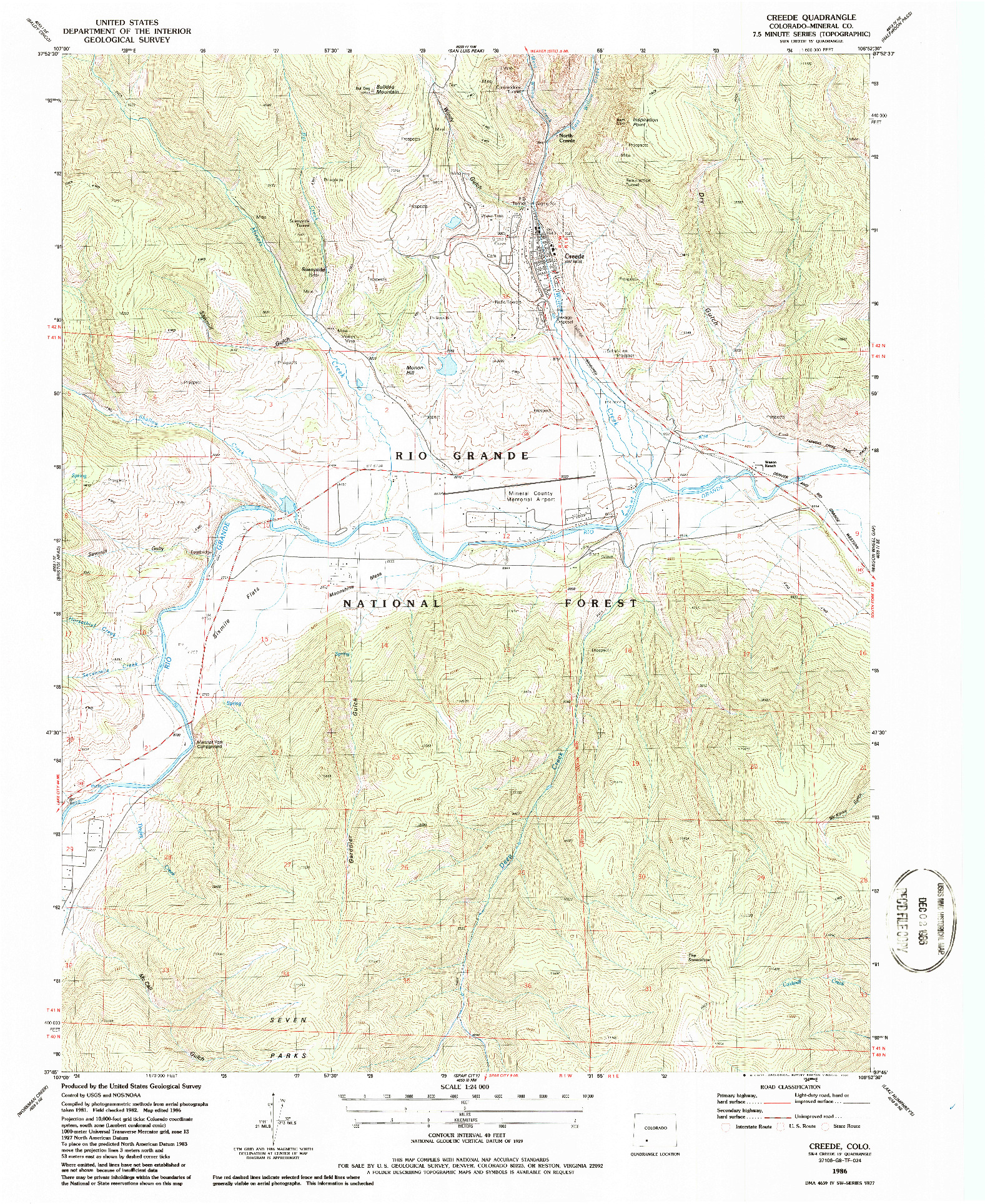USGS 1:24000-SCALE QUADRANGLE FOR CREEDE, CO 1986
