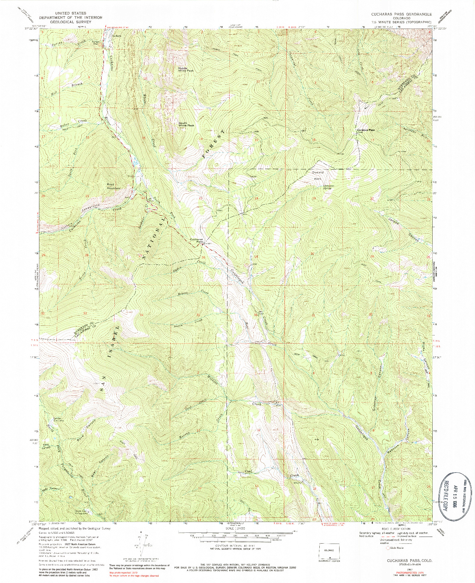 USGS 1:24000-SCALE QUADRANGLE FOR CUCHARAS PASS, CO 1967