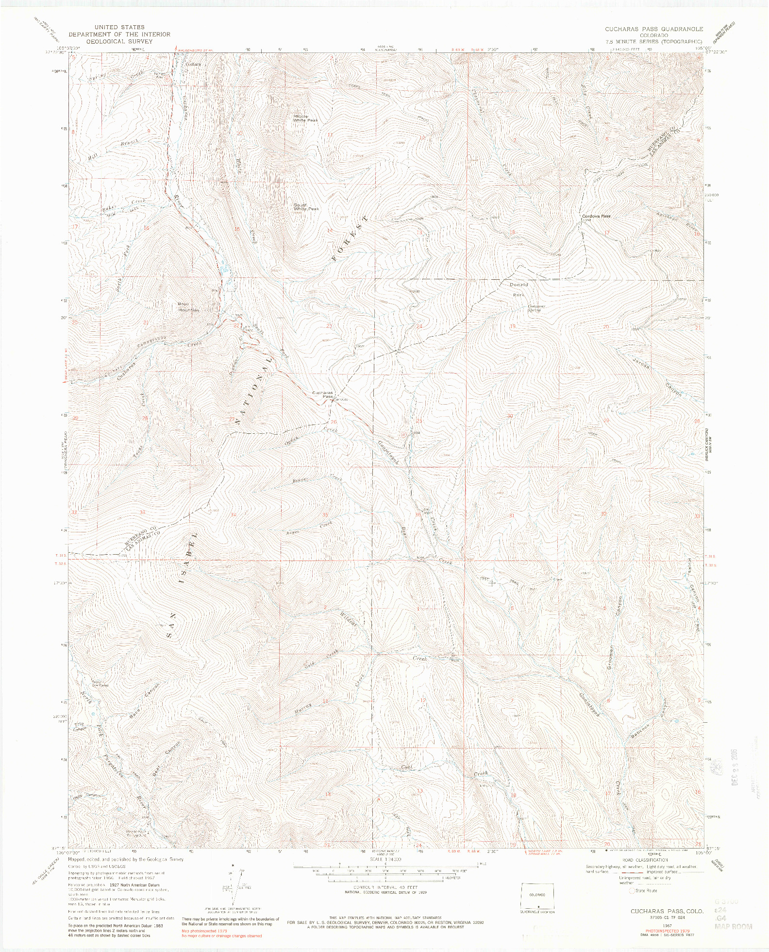 USGS 1:24000-SCALE QUADRANGLE FOR CUCHARAS PASS, CO 1967